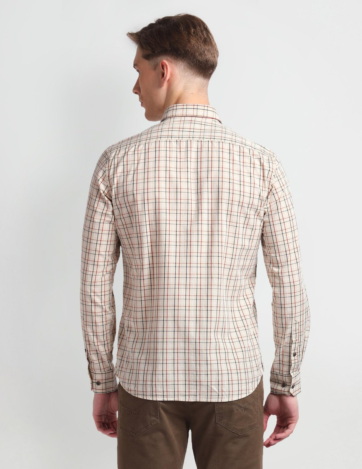 Arrow Men's Checkered Full Sleeve Slim Fit Point Collar Cotton Casual Shirt Beige