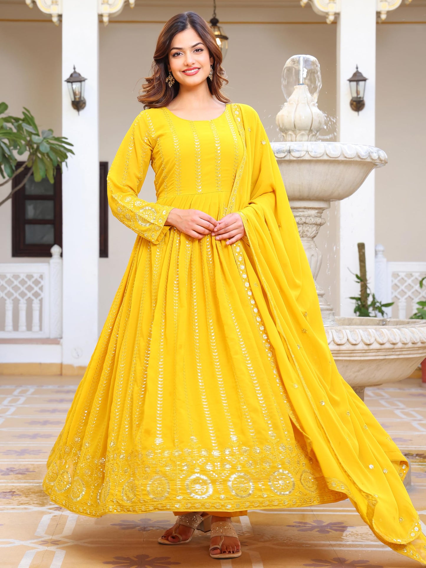 Fashion Basket Embroidered Anarkali Dress for Women Yellow