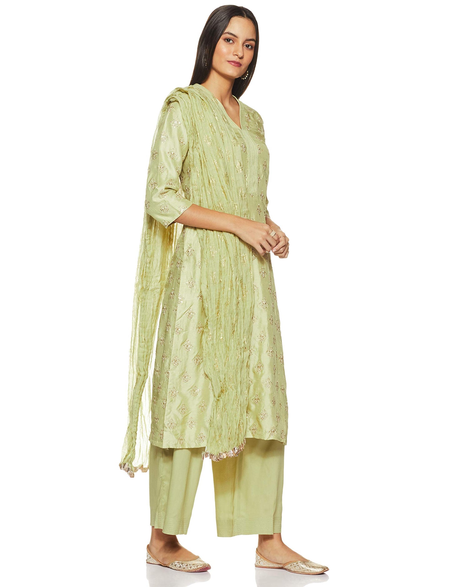 BIBA Women Synthetic Embroidery Straight Salwar Kurta Dupatta(Skd6643_Green_32)