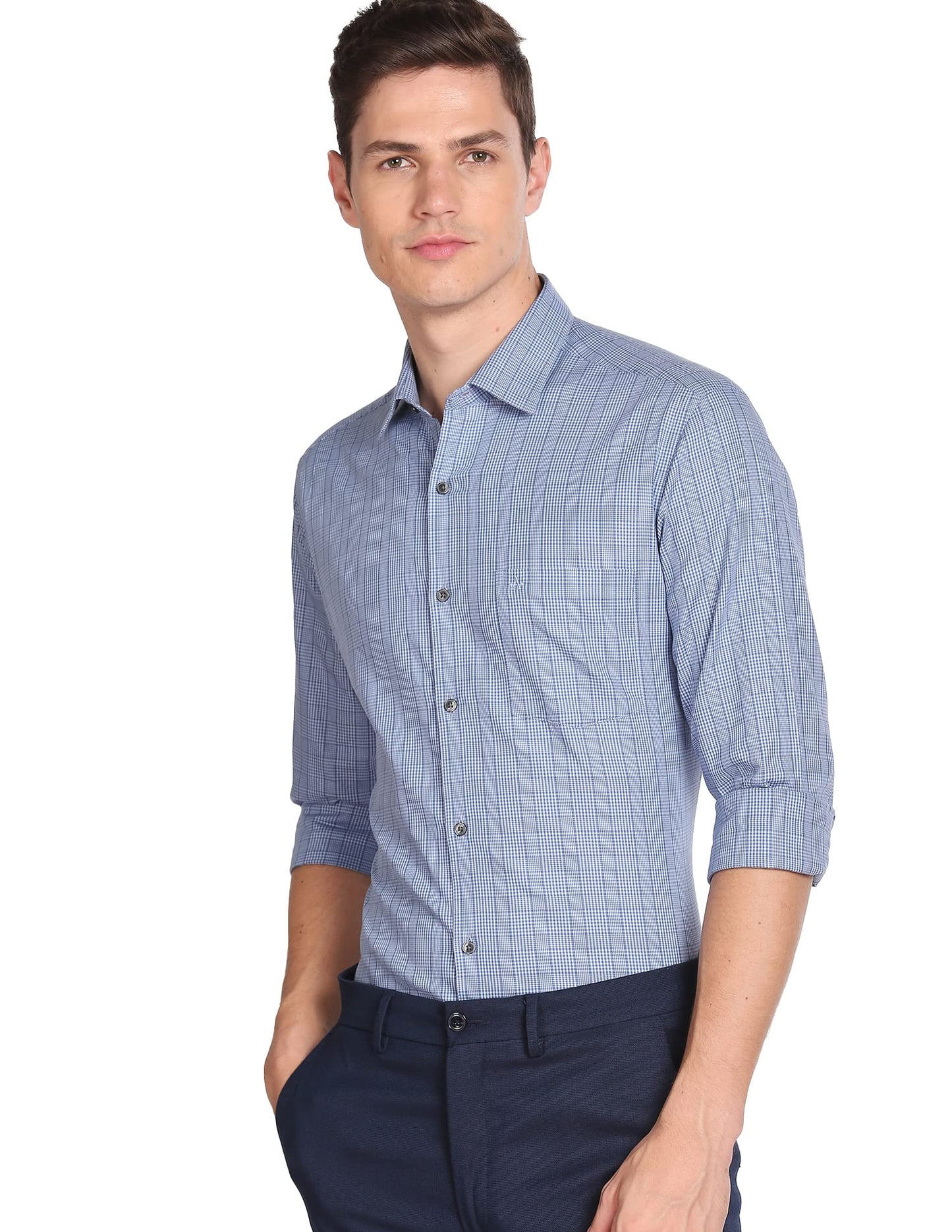 Arrow Men's Checkered Full Sleeve Slim Fit Cutaway Collar Cotton Formal Shirt (ARADOSH1335_Medium Blue_42)