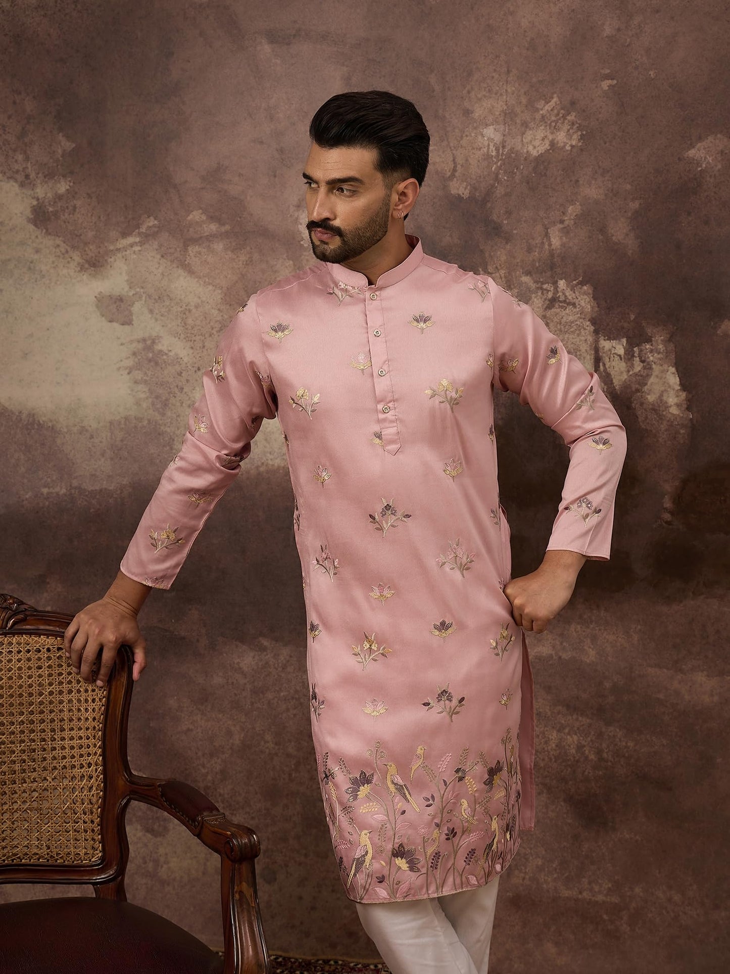 Ethnic Bay Men's Peach Silk Blend Solid Embroidered Calf Length Kurta's | Embroidered Kurta for Men | Straight Fit Kurtas for Mens (MKU1339, XL)