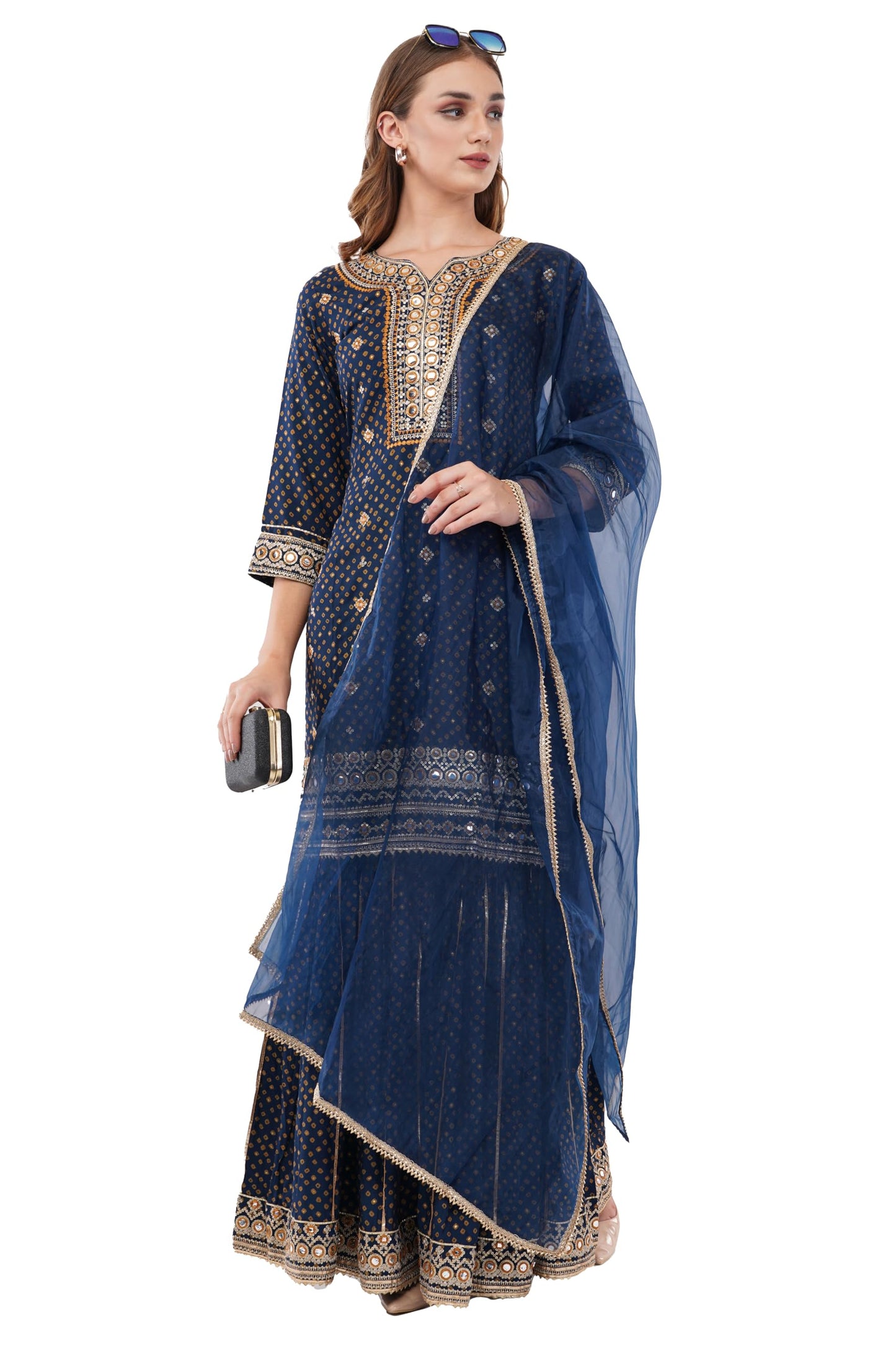 dhartii Navy Blue Suit Set for Women | Pure Muslin for Effortess Comfort | Embellished Yoke & Hemlines| 3 Piece Dress- Printed Suit, Flared Sharara Pants & Organza Dupatta