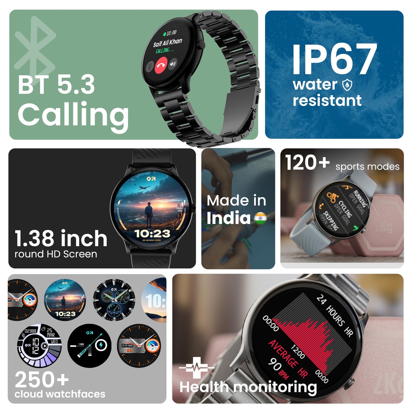 GOBOULT Dire Smartwatch: 1.38'' 2.5D Curved HD Display, BT Calling, 500 Nits Brightness, IP67, 250+ Watchfaces, 120+ Sports Modes, AI Voice Assistant, SpO2 Monitoring (Silver)