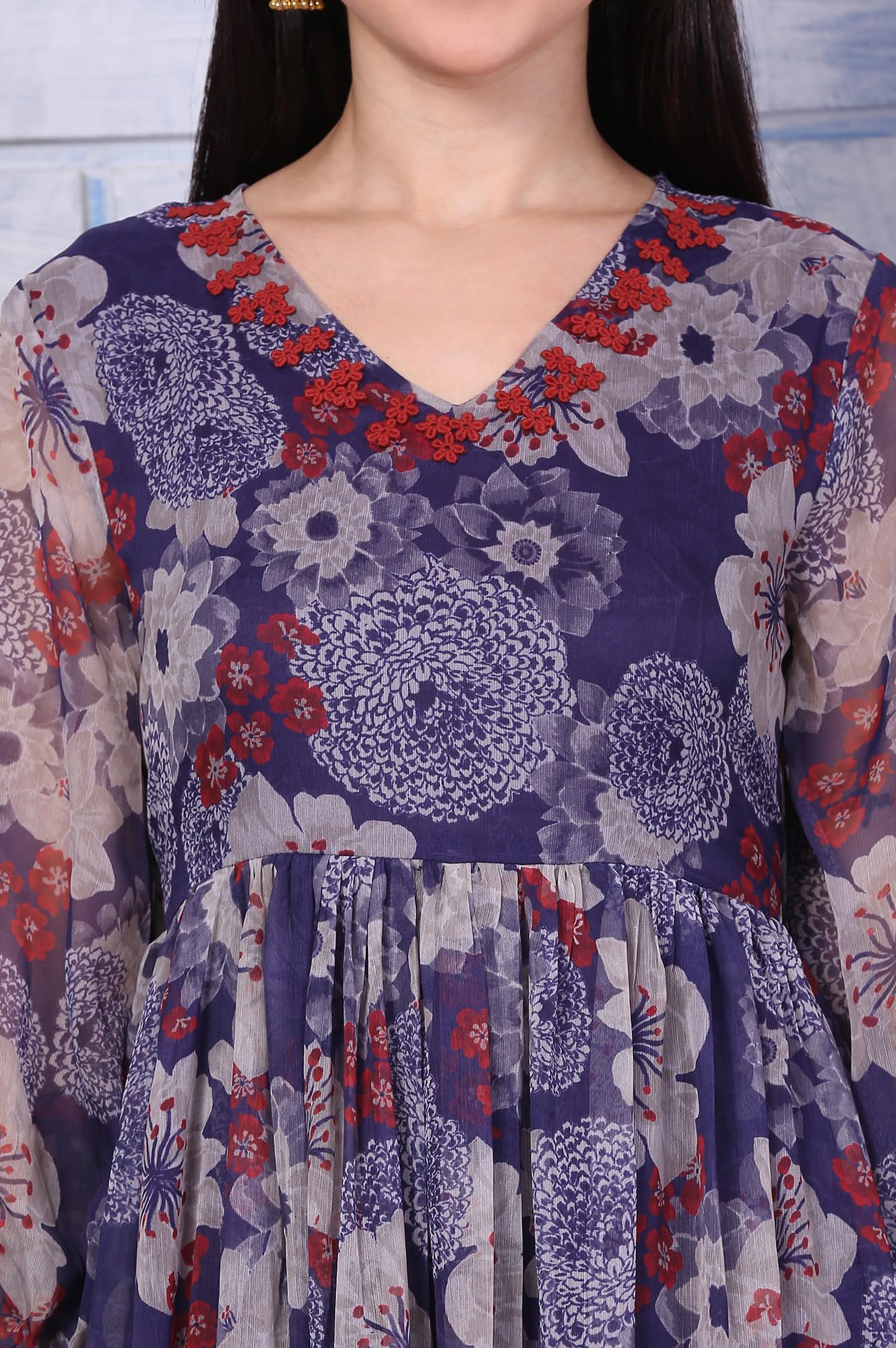 W for Woman Purple Floral Printed Chiffon Gathered Dress (Size: XL)-W12804-125946