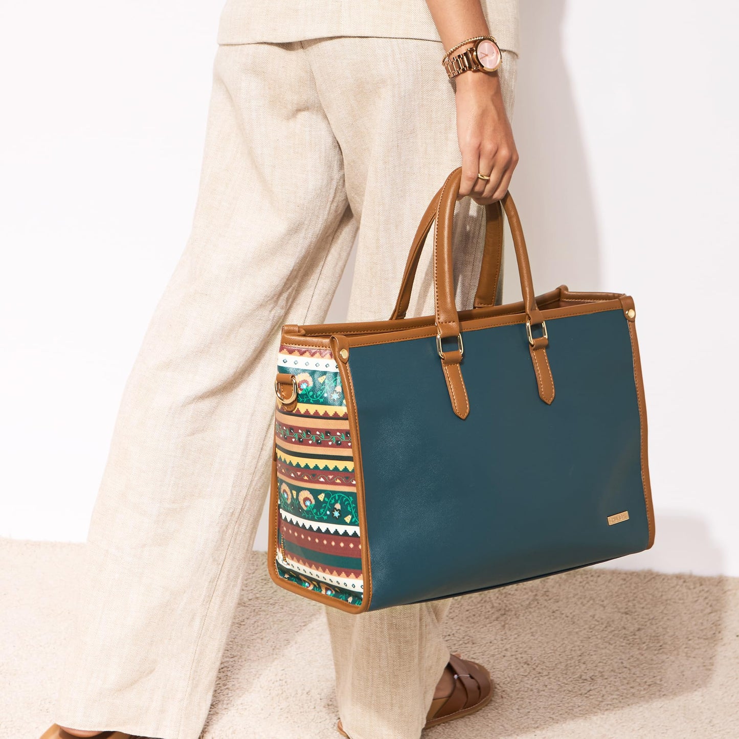 Chumbak Tulum Tote Bag for Women, Navy Floral PU Leather, Digital Nomad Collection, Stylish Travel-Friendly Zipper Tote, Durable and Spacious for Everyday Essentials