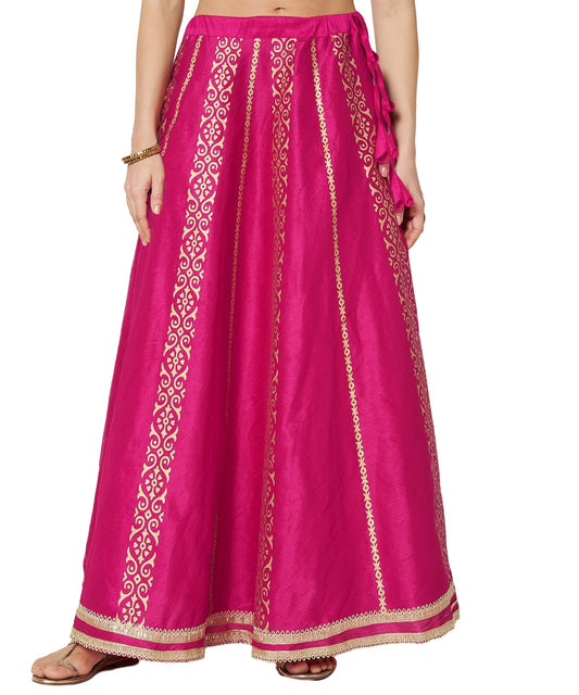 studio rasa Women's Dupion Hand Block Printed Embellished Bias Skirt for Wedding Festive Party (SKTC52412_Pink_X-Large)