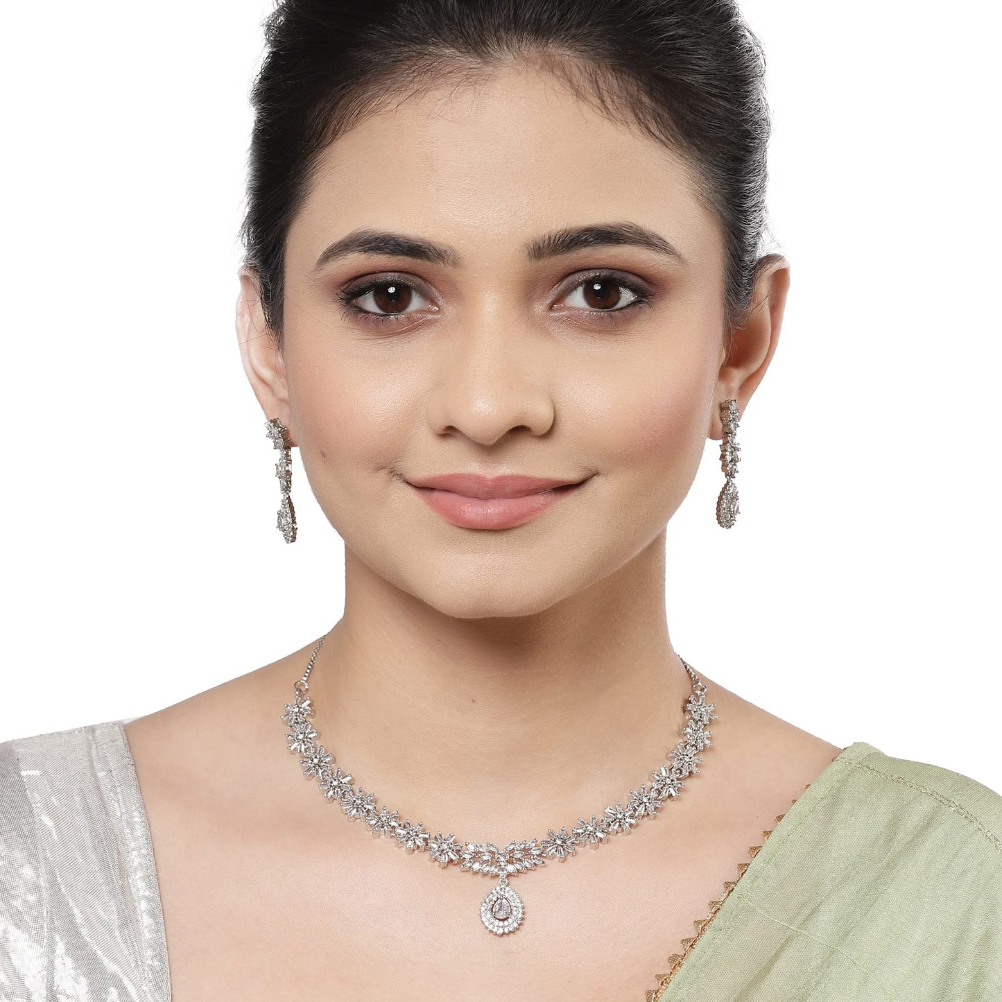 ZENEME Womens Rhodium-Plated with Silver-Toned Floral Design White American Diamond Studded Jewellery Set (White)