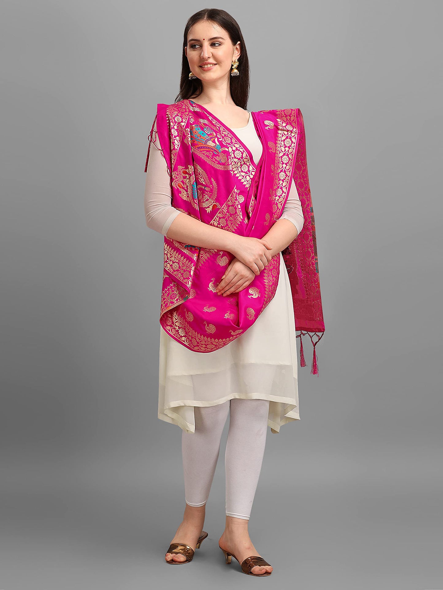 DEVANGI Women's Woven Banarasi Silk Zari Dupatta/Chunni, Width 1 Meter, Length 2.5 Meter (OM-DT-05-RANI)