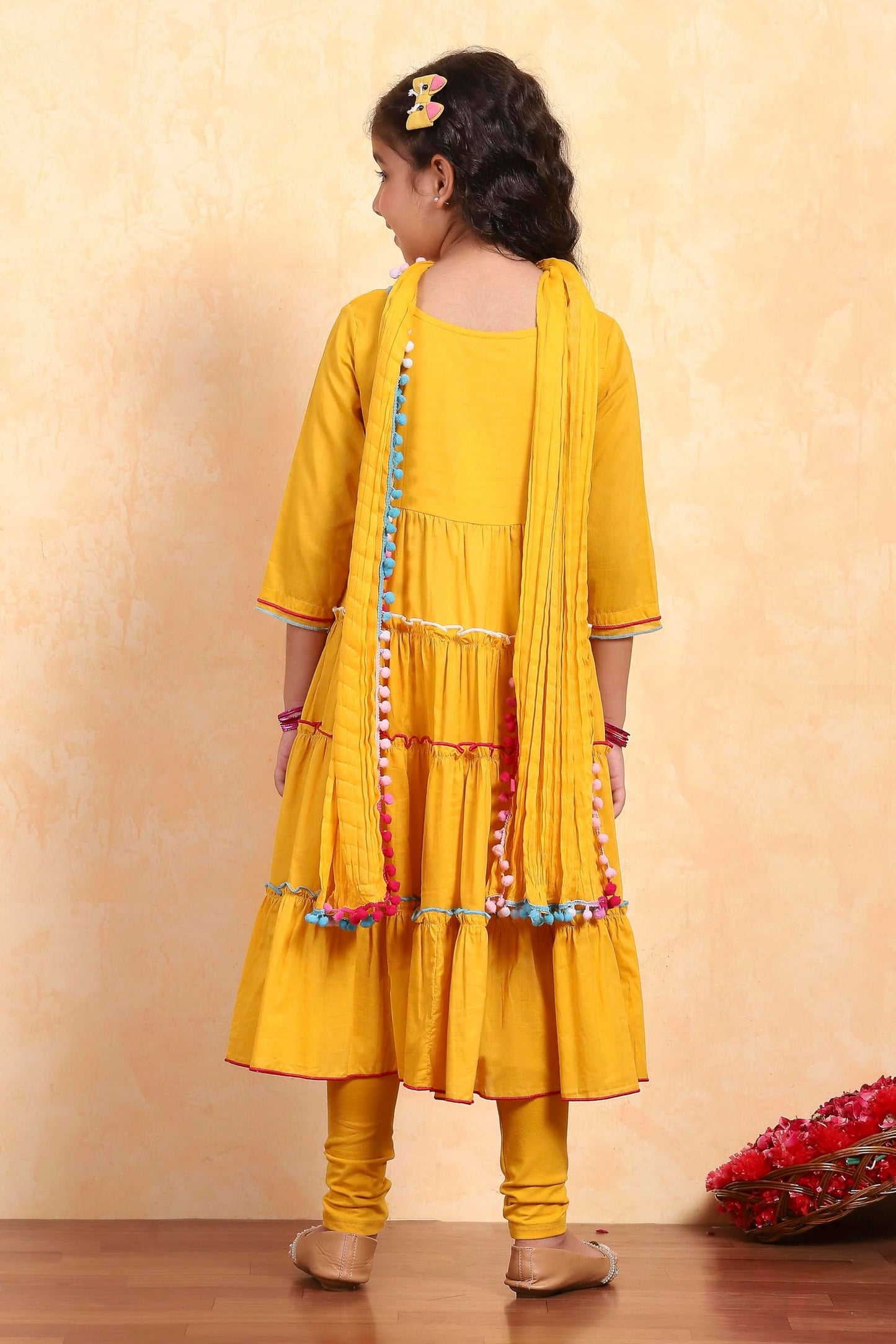 Biba Girl's Yellow Cotton Tiered Solid Suit Set