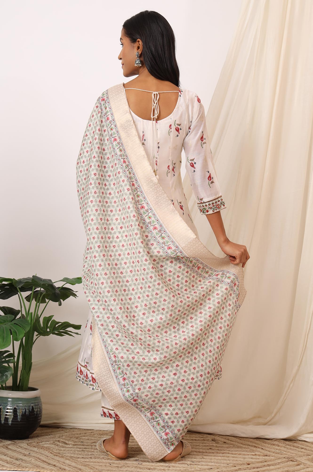 W for Woman White Floral Printed Chanderi Anarkali Kurta, Pants and Dupatta Set (Size: 2XL)-WS12119-124225