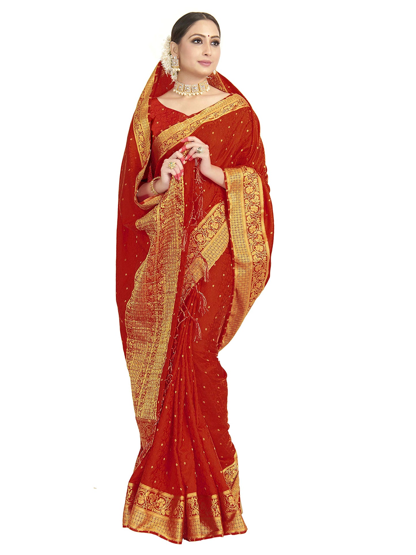 Vardha Women's Banarasi Satin Silk Saree with Unstitched Blouse Piece - Zari Woven Work Sarees for Wedding (172, Red)