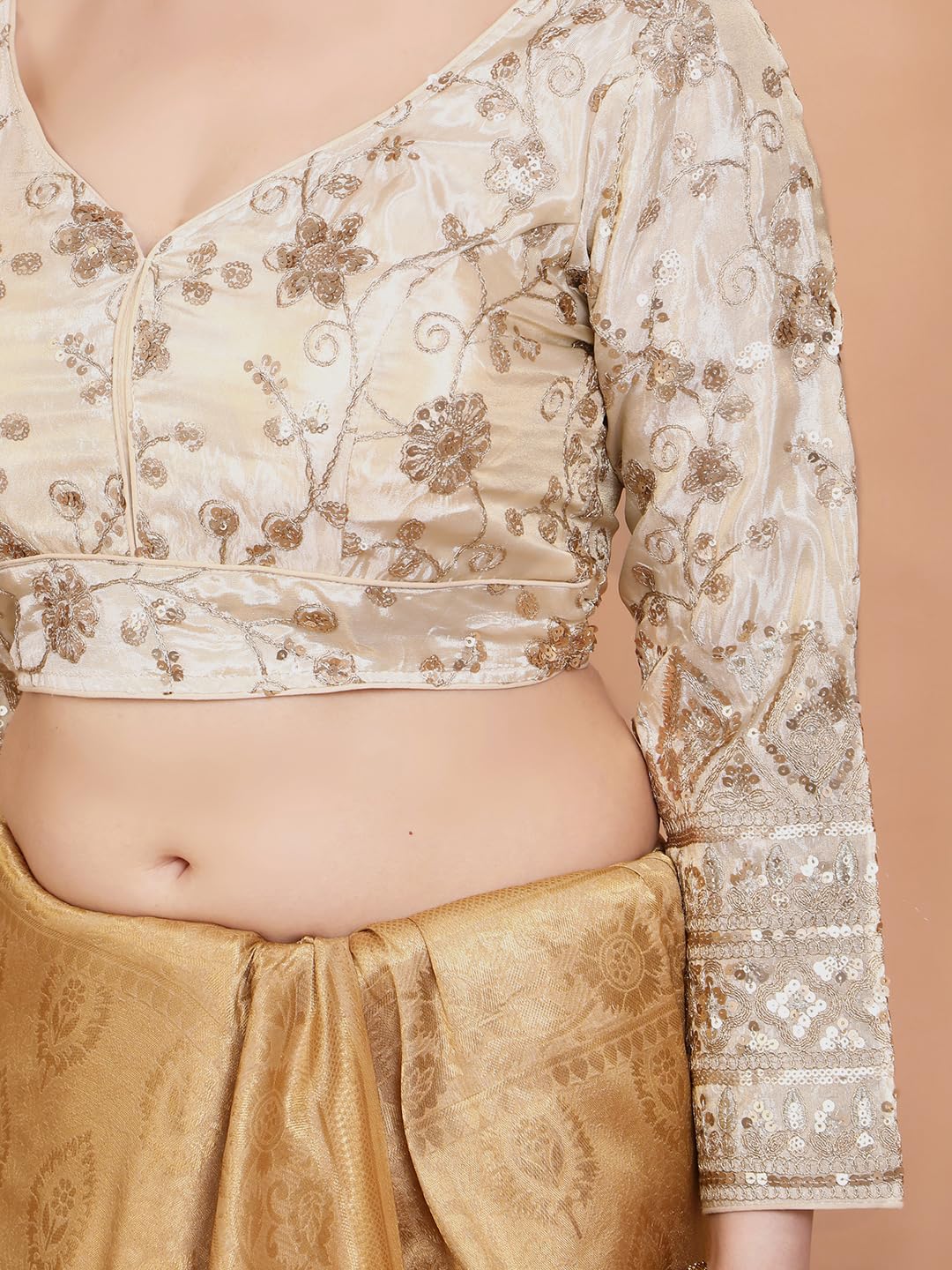 S SALWAR STUDIO Cream Tissue Embroidered Readymade Alterable Blouse
