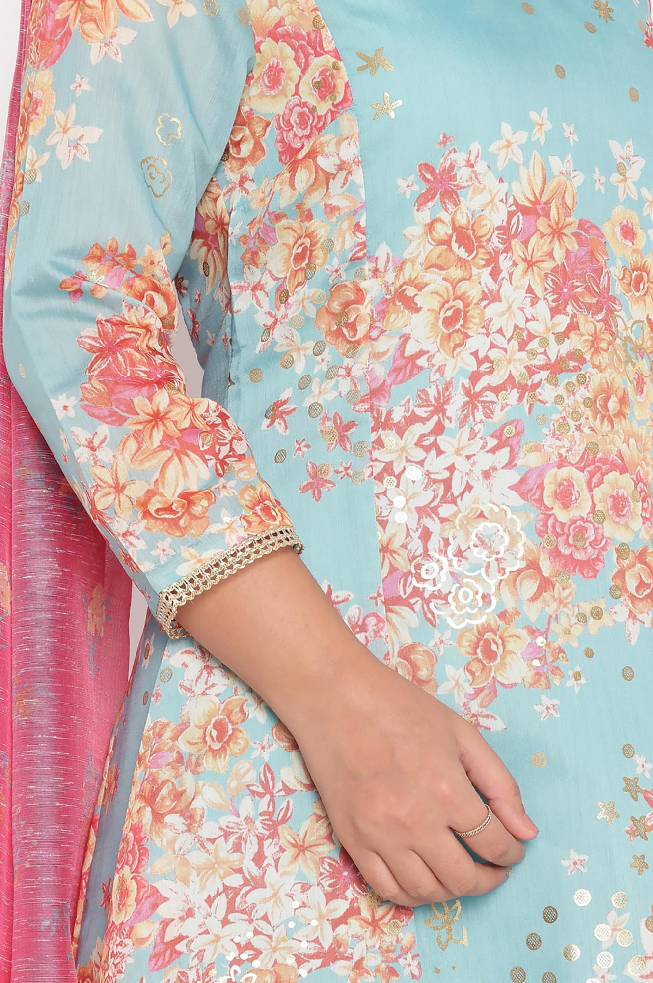 W for Woman Blue Printed Chanderi Flared Kurta, Straight Pant and Dupatta Set