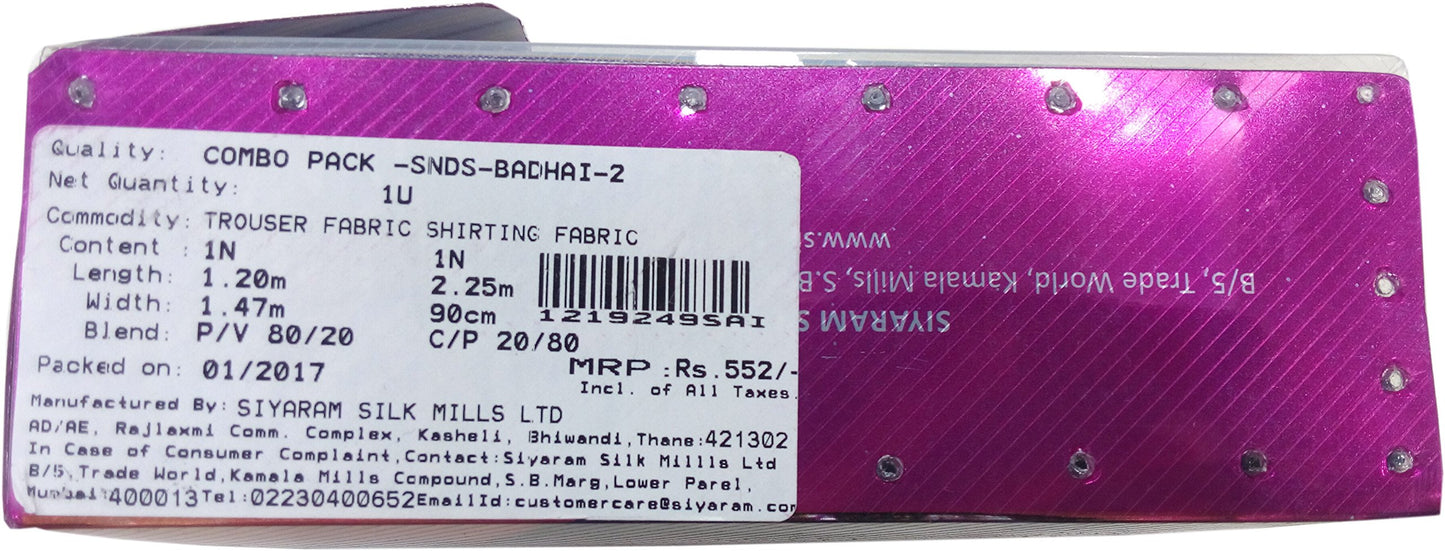 Siyaram's Men's SolidUnstitched 2.25 M Trouser And Shirt Fabric Combo (Multicolour, Free Size), Synthetic