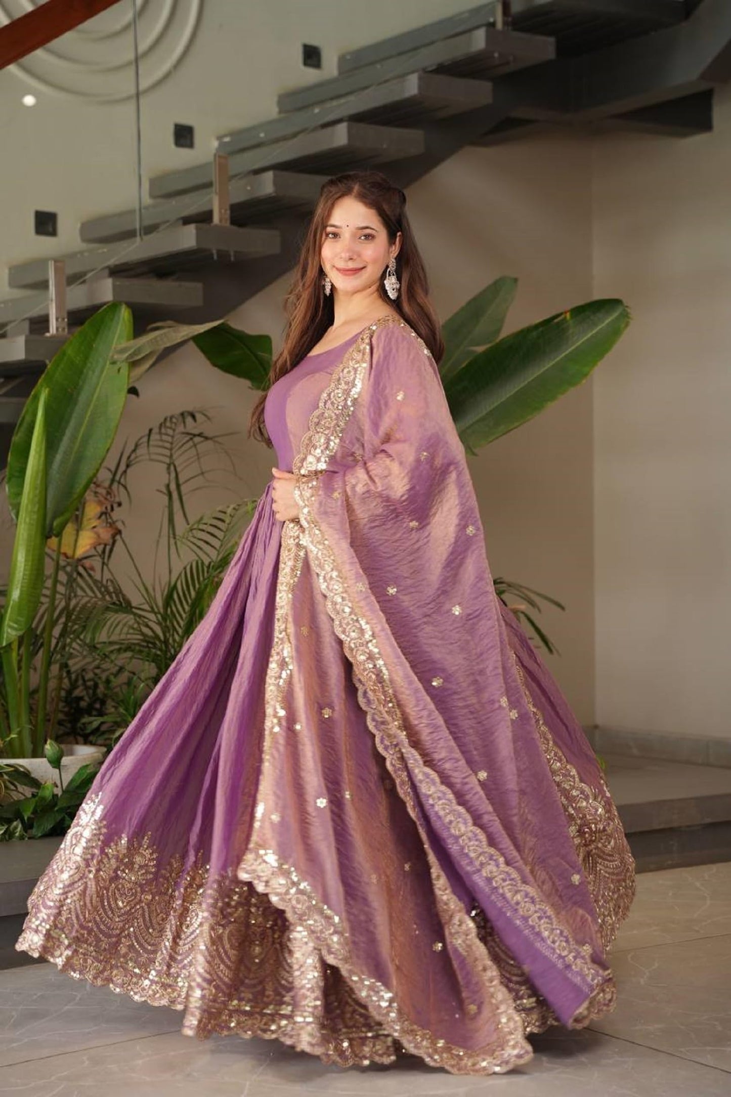 StyleSync Women Fandy Silk Anarkali kurta with Dupatta Embroidery Sequins Work Full Length Ethnic Wear for Festive Occasion (Mauve Purple, XXL)