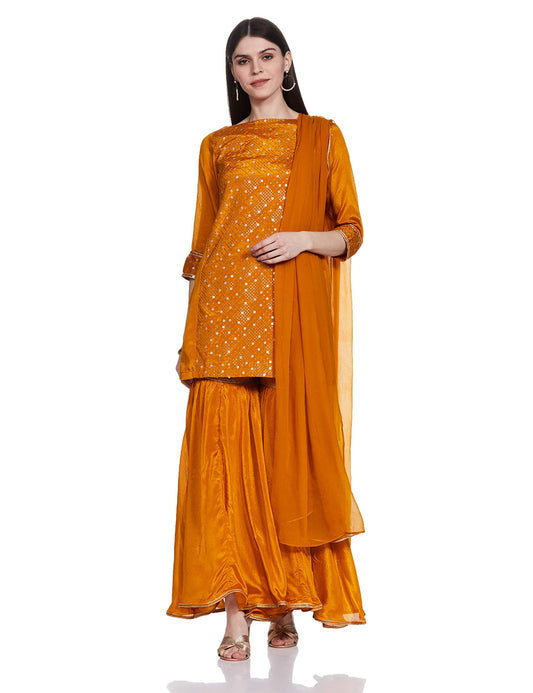 BIBA WOMEN EMBROIDERY FLARED SALWAR KURTA DUPATTA(SKDEMBROIDE6814_OCHRE_34)