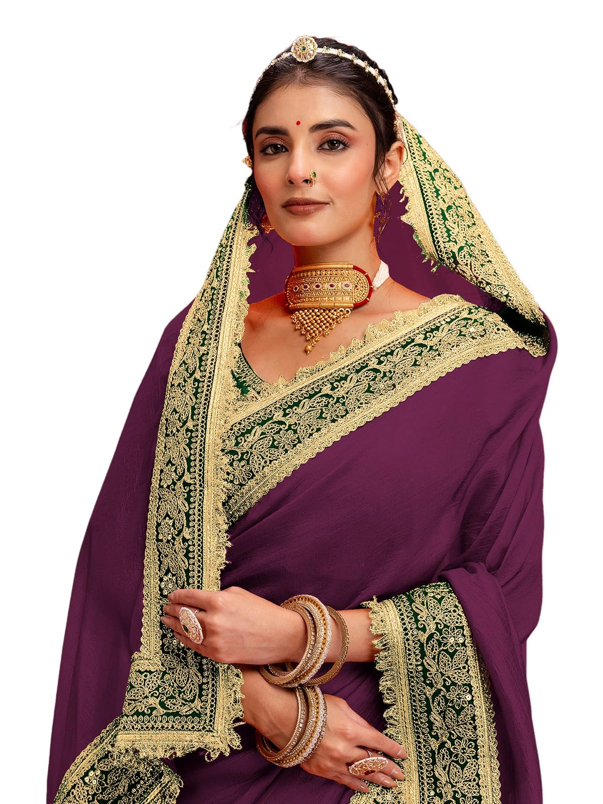 SIRIL Women's Vichitra Silk Sequins Embroidery Lace Saree With Unstitched Blouse Piece(5015S3584_Dark Purple)