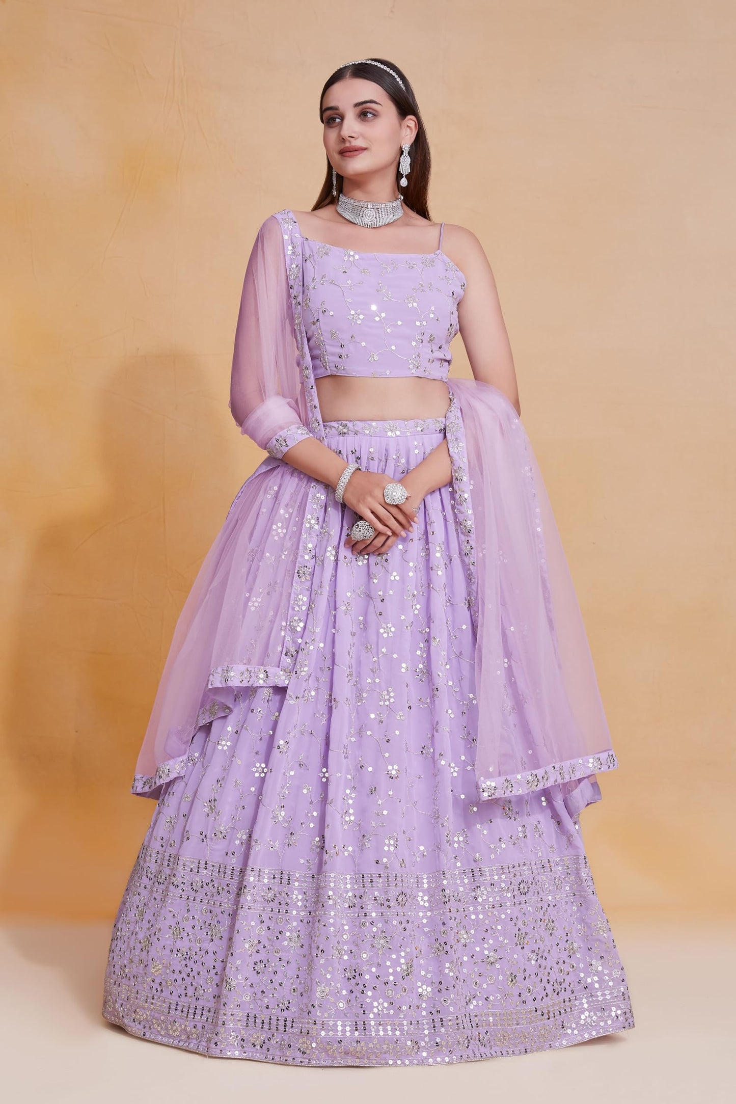 JIHU CULTURE Women Georgette Semi Stitched Lavender Embroidery Lehenga Choli Semi-Sttiched Lengha Choli With Dupatta, 3.5