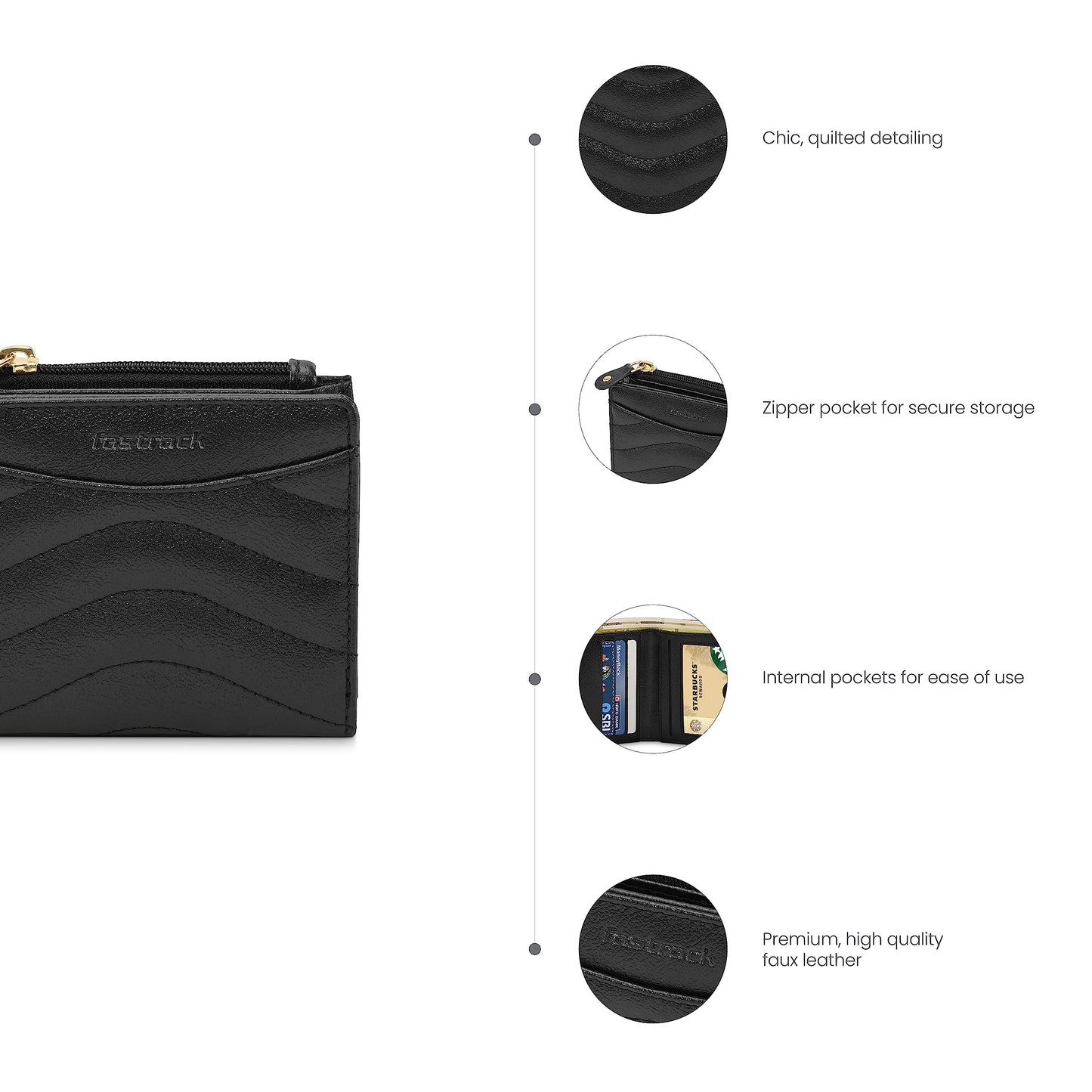 Fastrack Women Premium Faux Leather Quilted Wallet, Black