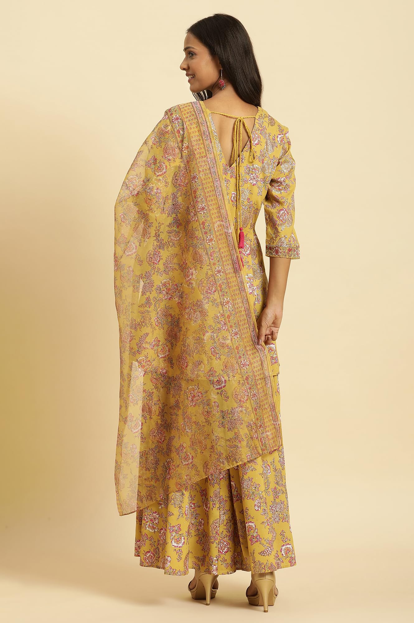 W for Woman Yellow Floral Printed Short Flared Kurta, Sharara and Dupatta Set_24AUWS19717-121051_2XL