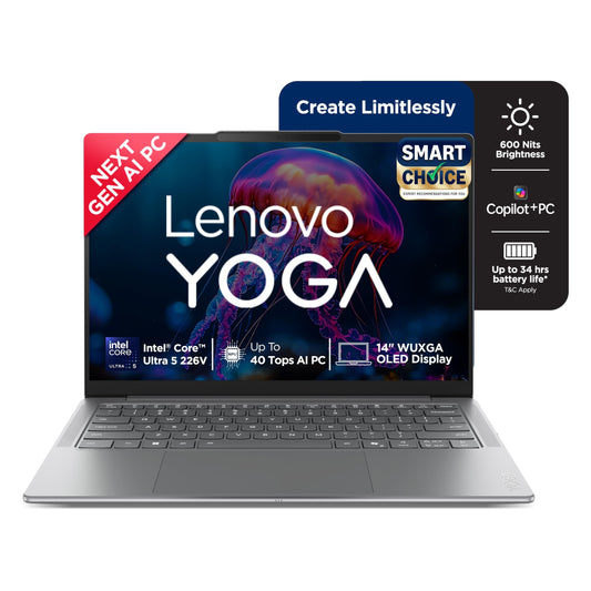 Lenovo Yoga Slim 7 Aura Edition Intel Evo Core Ultra 5 226V (16GB RAM/1TB SSD/14 (35.5cm)/WUXGA OLED/Copilot+ PC/Windows 11/Office Home 2024/1Yr ADP Free/Grey/1.19Kg), 83JX005FIN AI Laptop