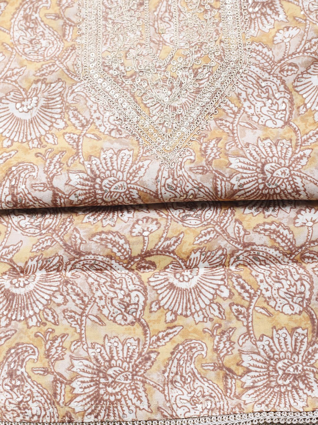 Meena Bazaar Printed Cotton Blend Mustard Unstitched Kurta with Bottom & Dupatta
