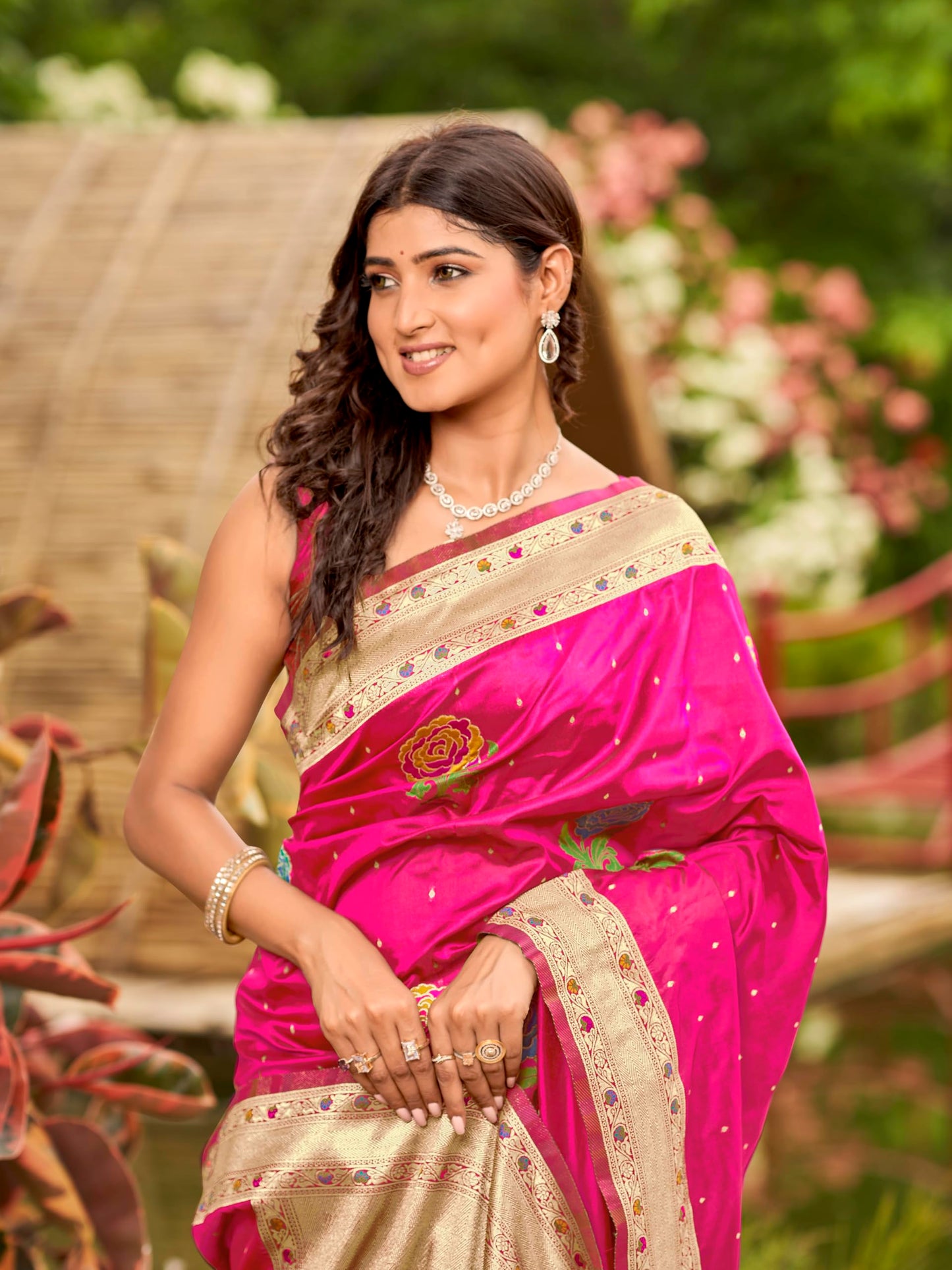 MANOHARI Women's Most Trendy Banarasi Satin Silk Woven Lemonade Pink Colorful Flower Pattern Saree With Heavy Jacquard Work Saree With Blouse Piece_MN2033