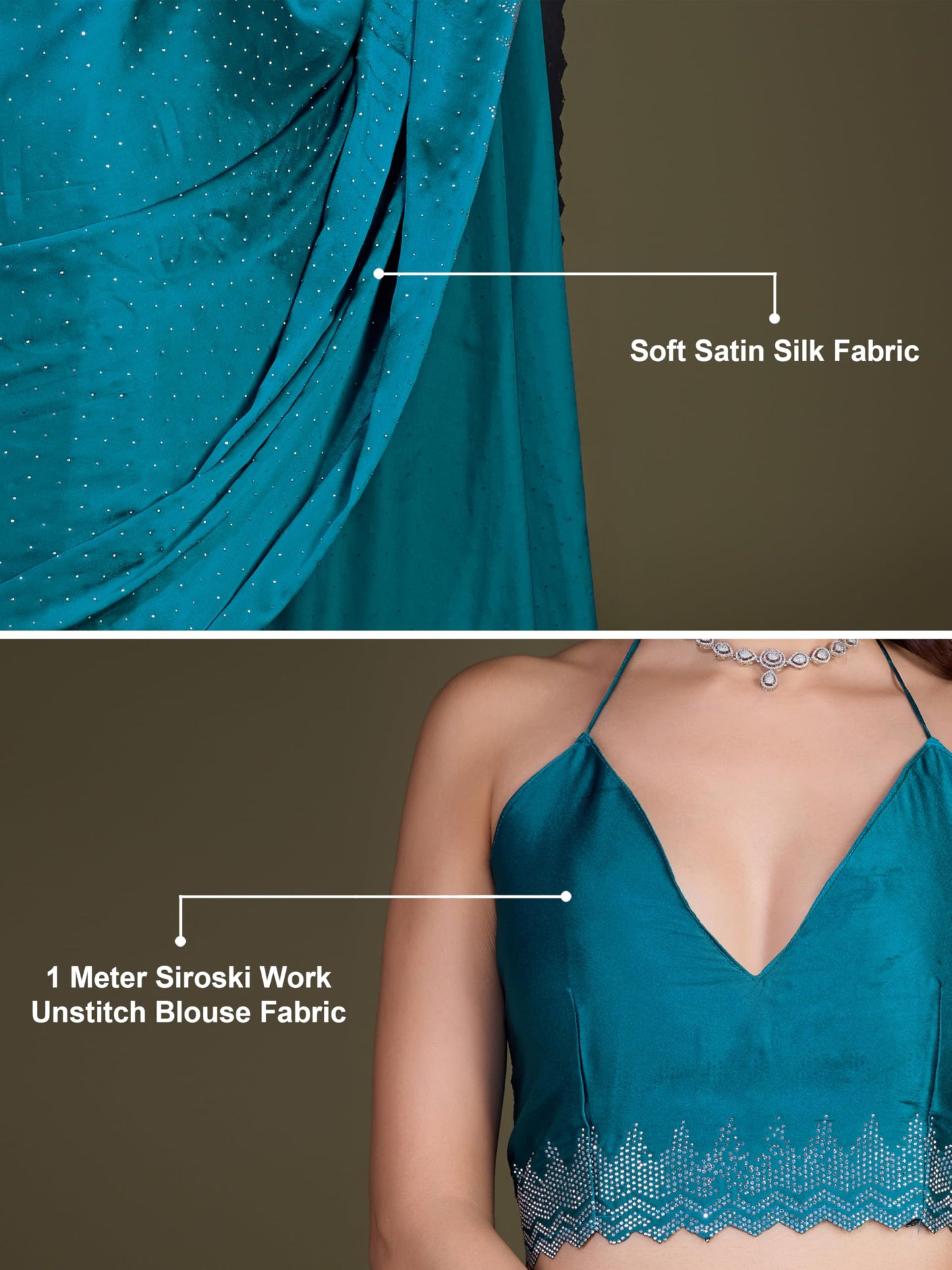 TRENDMALLS Women's Satin Silk Siroski Work Saree with Unstitch Blouse Piece (K1109-Morpeach)