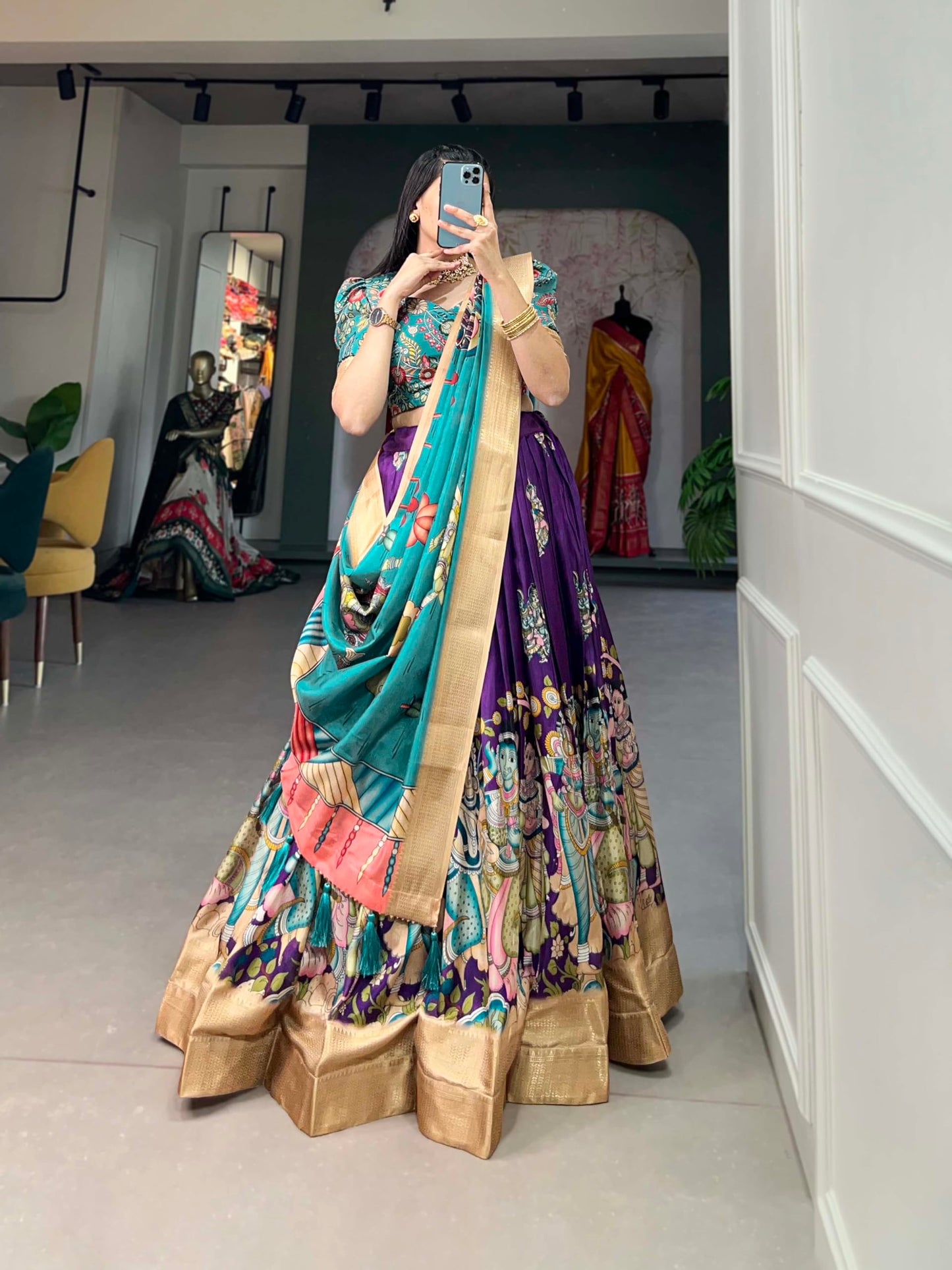 LooknBook Art Women's Floral Pattern Cotton Dola Silk Lehenga Choli Dupatta Set with Unstitched Blouse Piece and Zari Weave Type