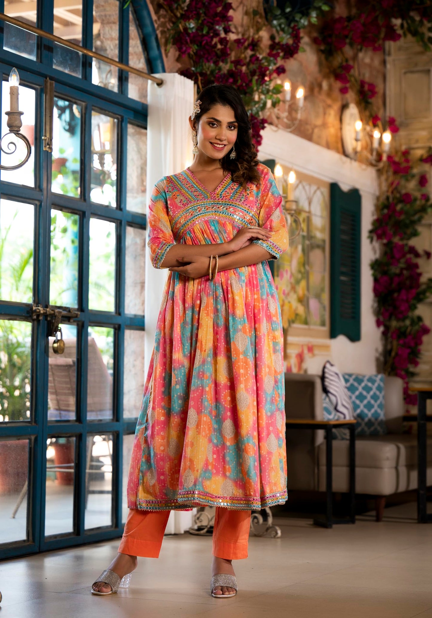 Varanga Women Multi Coloured Bandhani Printed Mirror Work Anarkali Kurta With Bottom And Dupatta