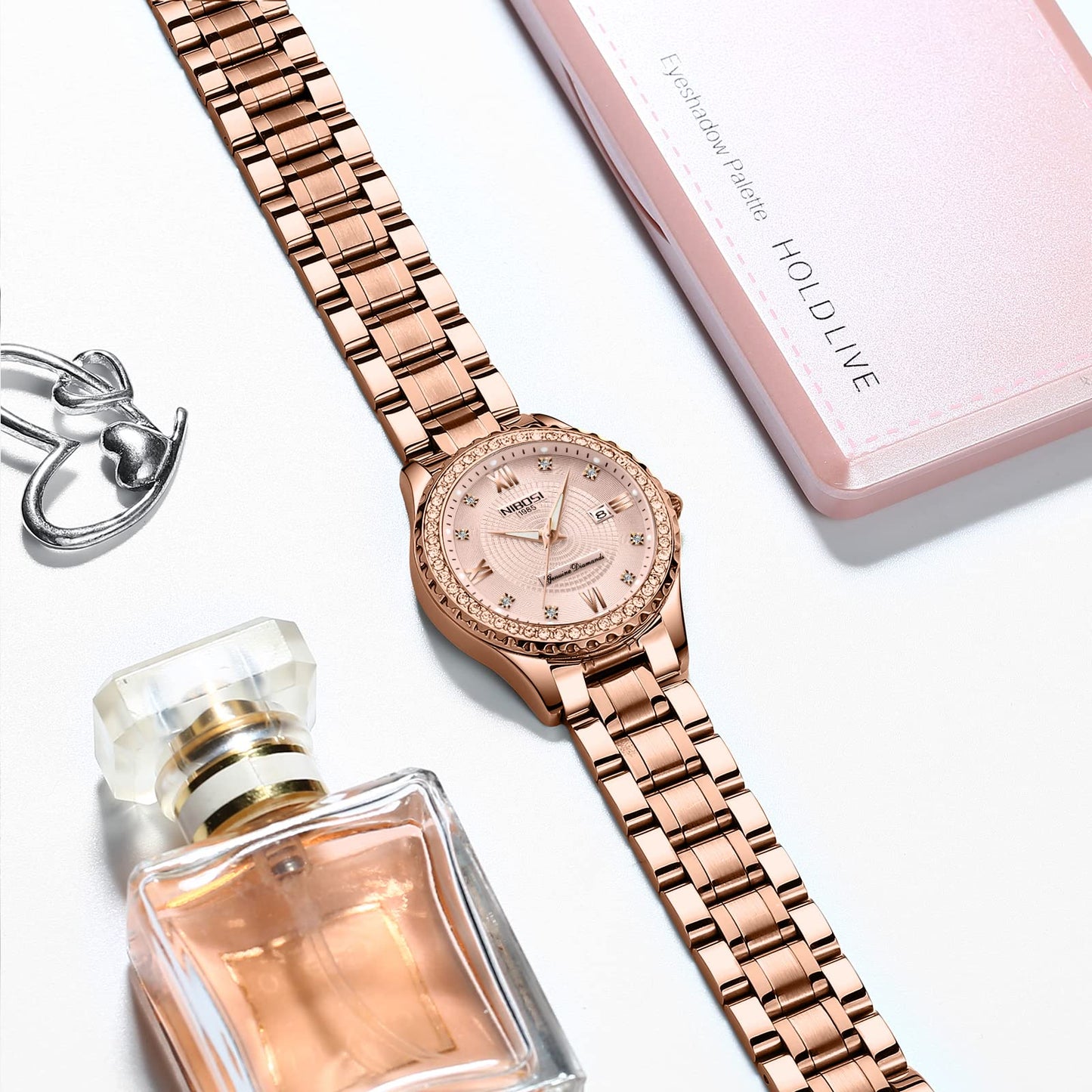 NIBOSI Women Watches Analogue Stainless Steel Wrist Watches Watches for Women's & Girls&Miss&Ladies Rose Gold Dial Gold Band Watch with Stylish Diamond Studded Watches