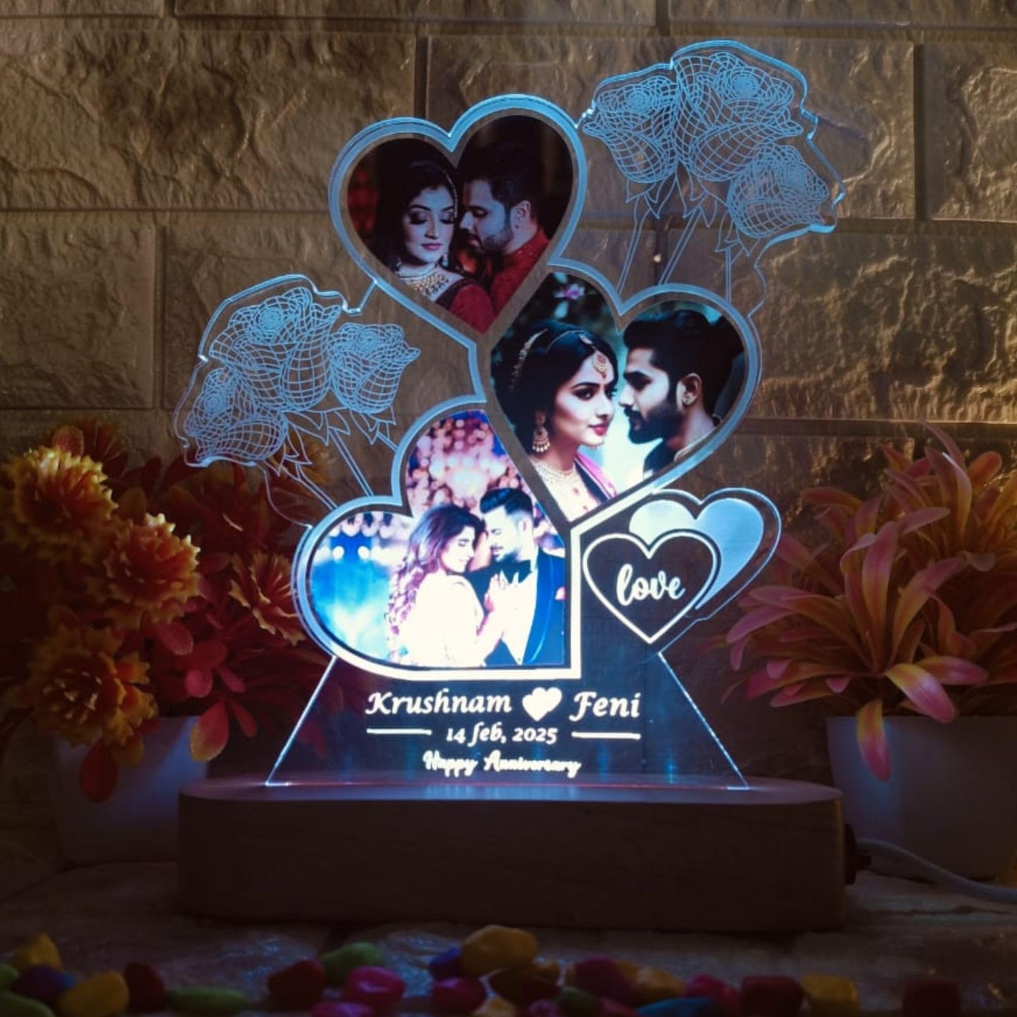 SHAYONA Personalized LED Heart-Shaped Acrylic Photo with Custom Name & Date – Romantic Anniversary Gift for Couples – Unique Love Night Lamp with Rose Design – Customizable for Valentine’s, Weddings