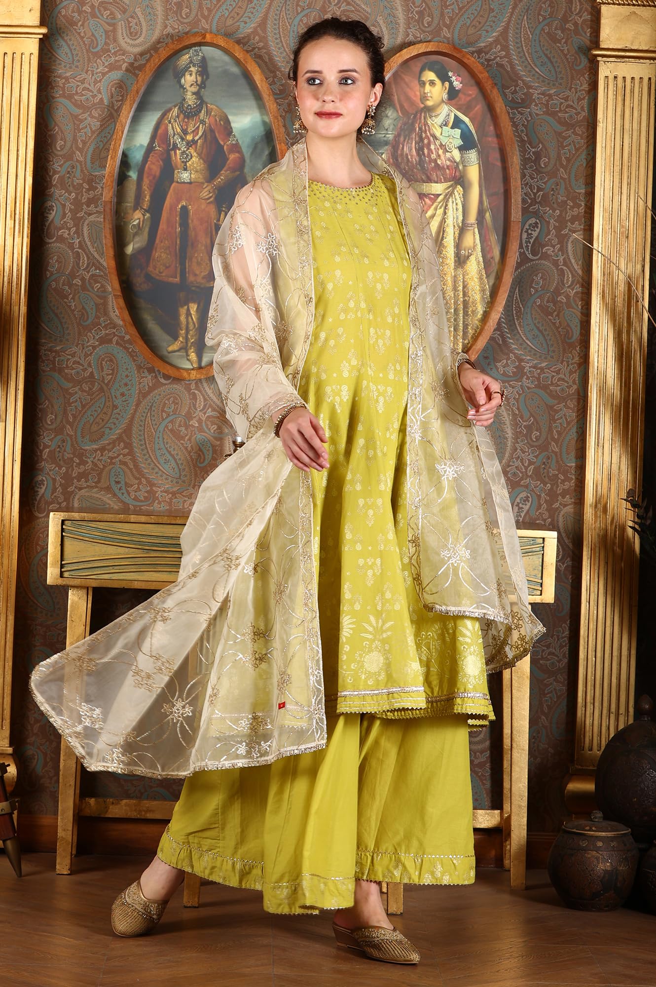 W for Woman Green Glitter Printed Embellished Sleeveless Flared Kurta, Culottes and Embroidered Dupatta Set (Size: 3XL)-24AUWS11714-124510