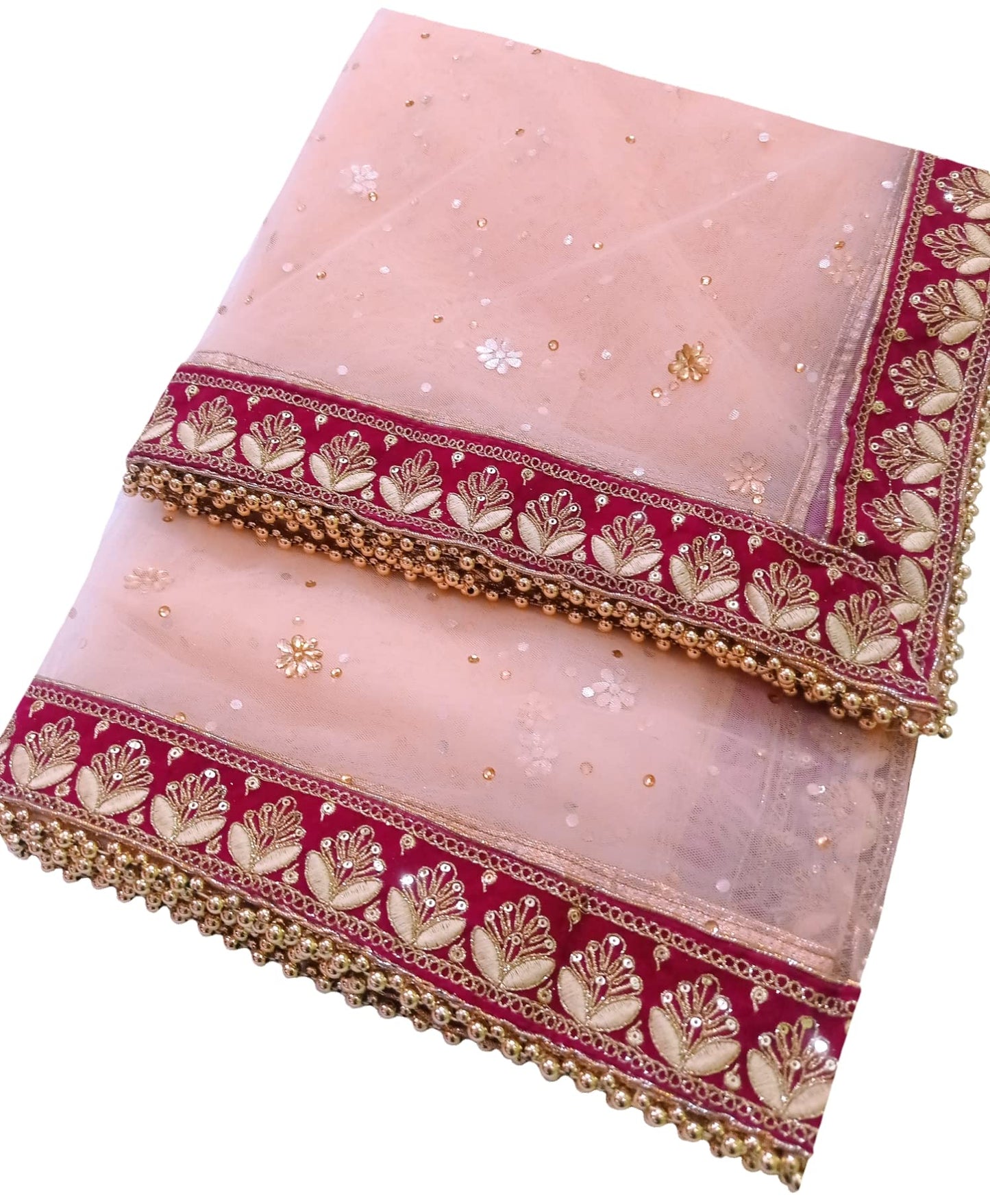 Navti Creations Wedding Bridal Women's Peach Net Dupatta With Pink (magenta) Resham Embroidery Border (Full Stone work, Length -2.25m, Border Width -5.5cm, 4side moti lace) (Peach-Pink)