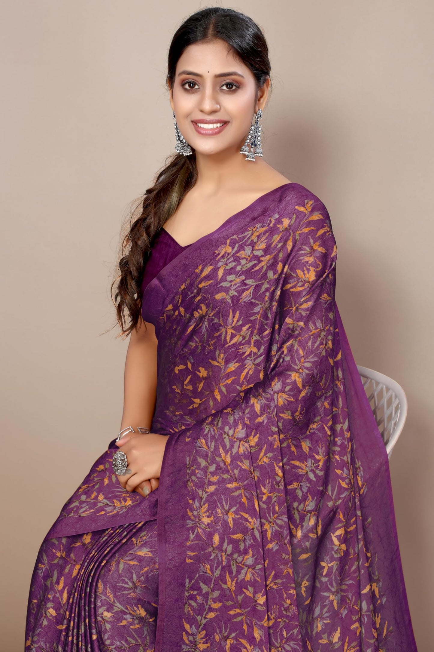 MIRCHI FASHION Women's Chiffon Floral Printed Saree with Blouse Piece (60452 - Dark Wine, Rust)