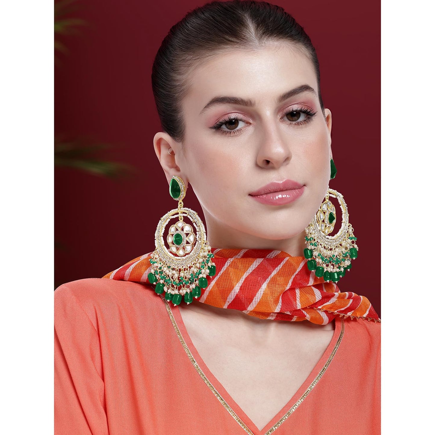 Peora Gold Plated Green Kundan & Beads Studded Ethnic Dangle Chandbali Earring Traditional Stylish Fancy Jewellery Gift for Girls & Women