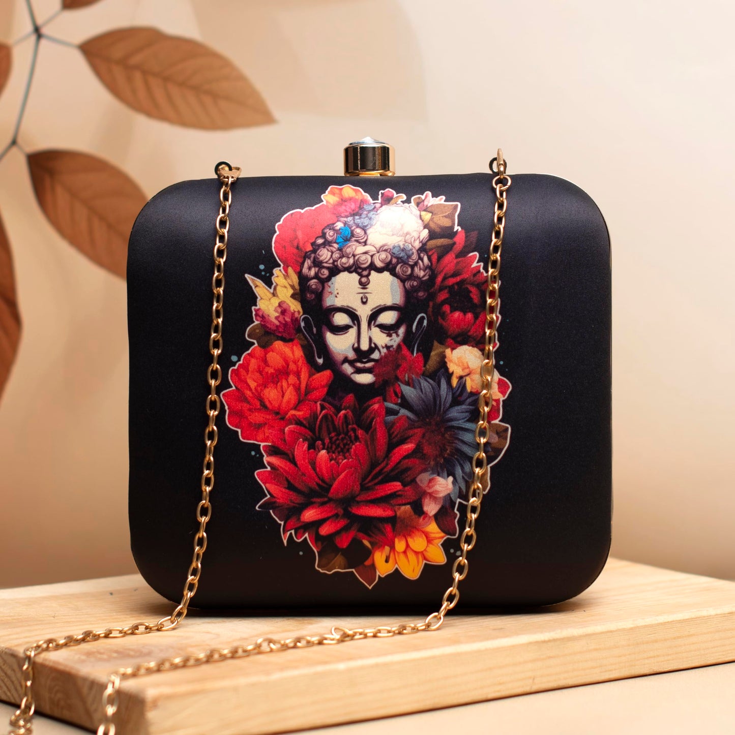 Artklim Black Buddha & Flowers Print Clutch Handbag for Women & Girls - Handcrafted Box Statement Sling Bag - Fashionable Evening Purse - Gift for Mother