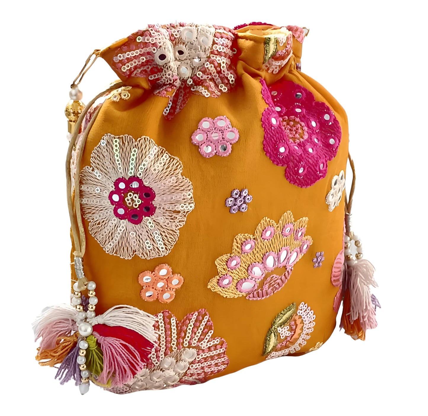 DUCHESS Women's Embroidered Polti Bag with Pearl Handle and Tassel - Bridal Ethnic Traditional Casual Purse/Clutch/Handbag, (21 L X 2 W X 23 H C, Mustard Yellow)