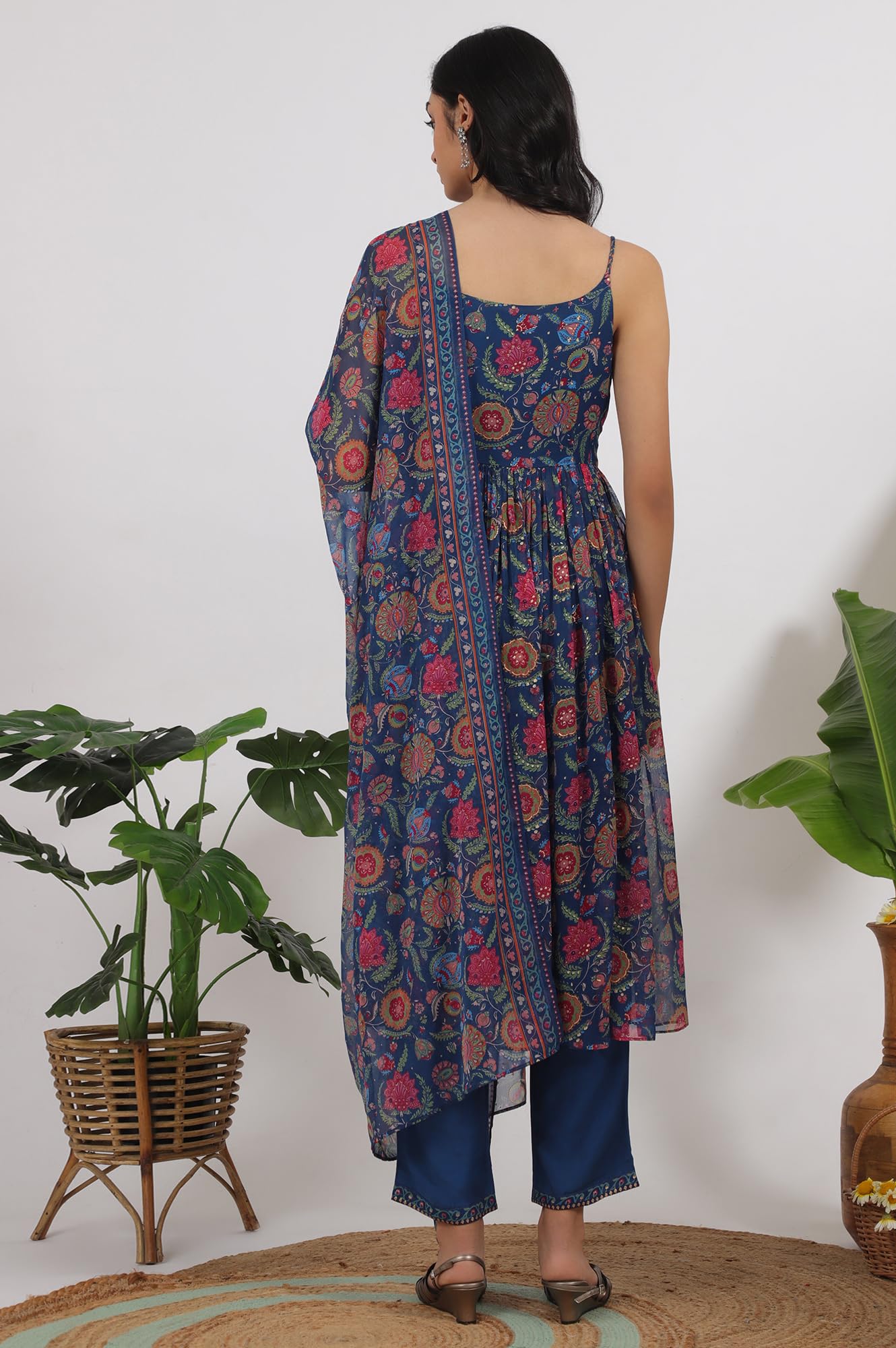 W for Woman Blue Floral Printed Chiffon Spaghetti Gathered Kurta, Pants and Dupatta Set (Size: L)-WS12126-123945