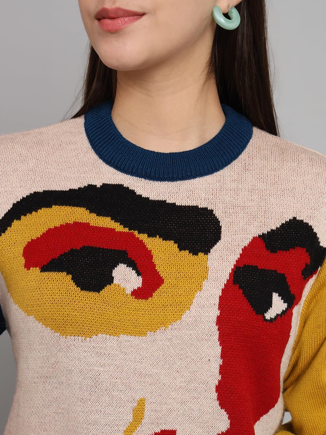 THE DRY STATE Womens Facial Expression Graphic Multicolour Pullover Sweater