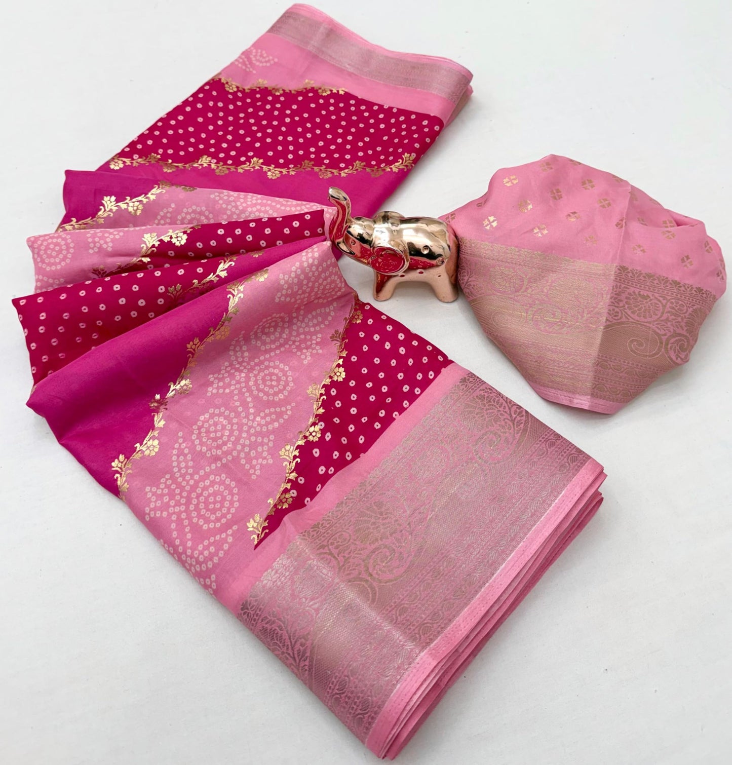 TUSHANA Kalamkari Floral Prints Dola Silk Saree With Rich Zari Border Designer Pallu Attach Blouse Piece (Pink)