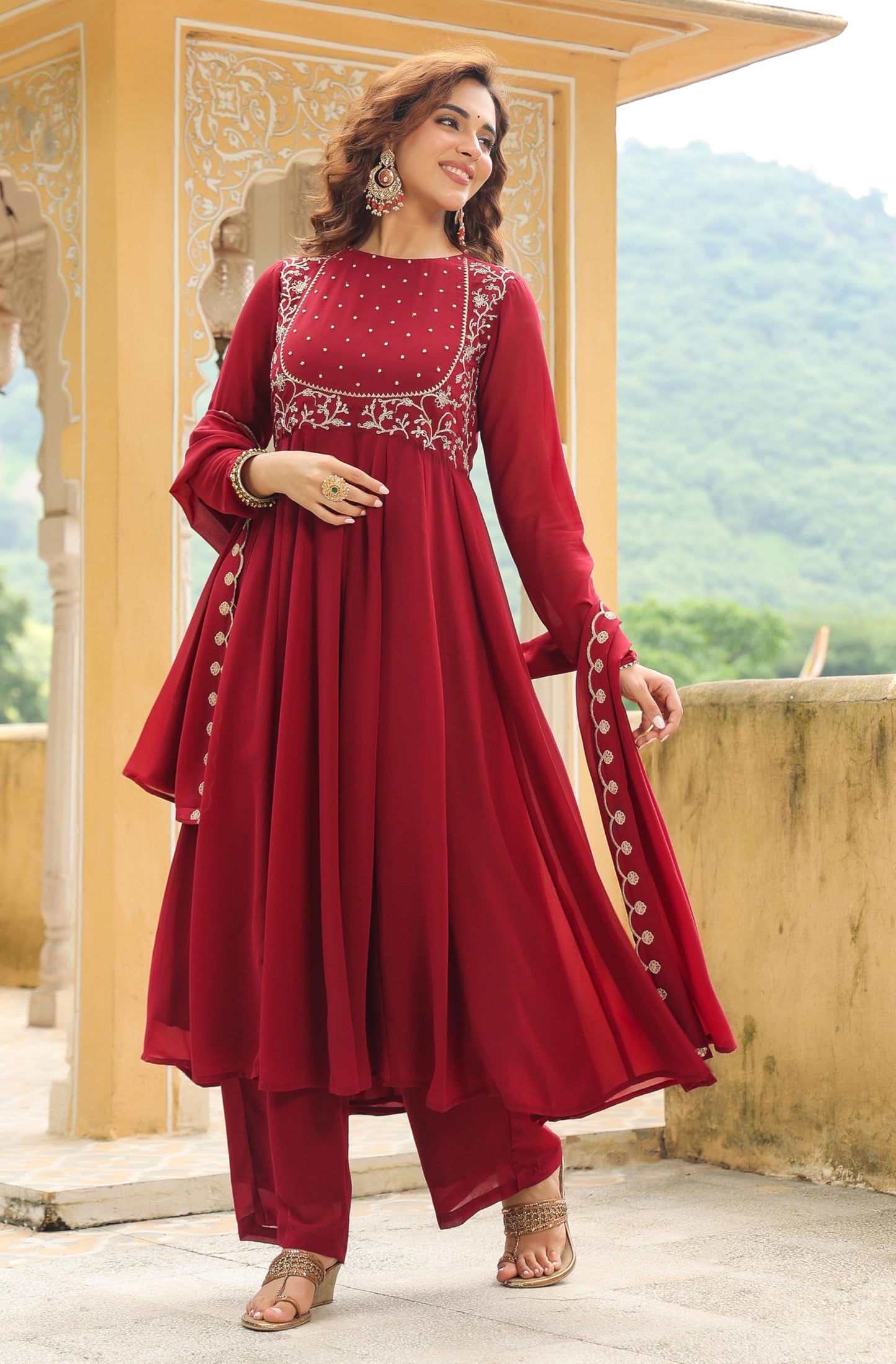 Janasya Maroon Embroidered Kurta with Palazzo & Dupatta for Women Georgette Fabric Latest Fashion