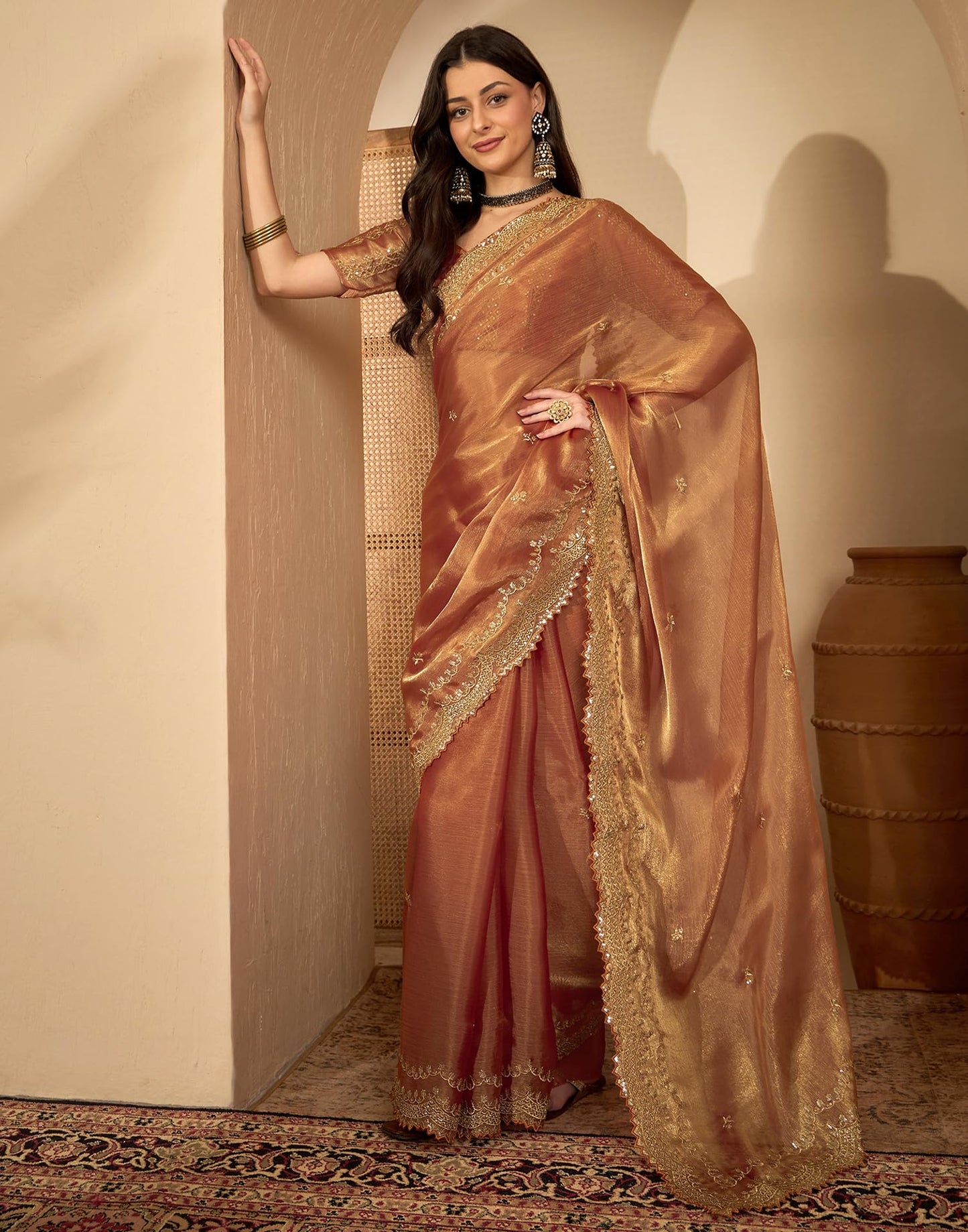 SIRIL Women's Embroidery Chiffon Saree With Unstitched Blouse Piece(4317S171_Orange)