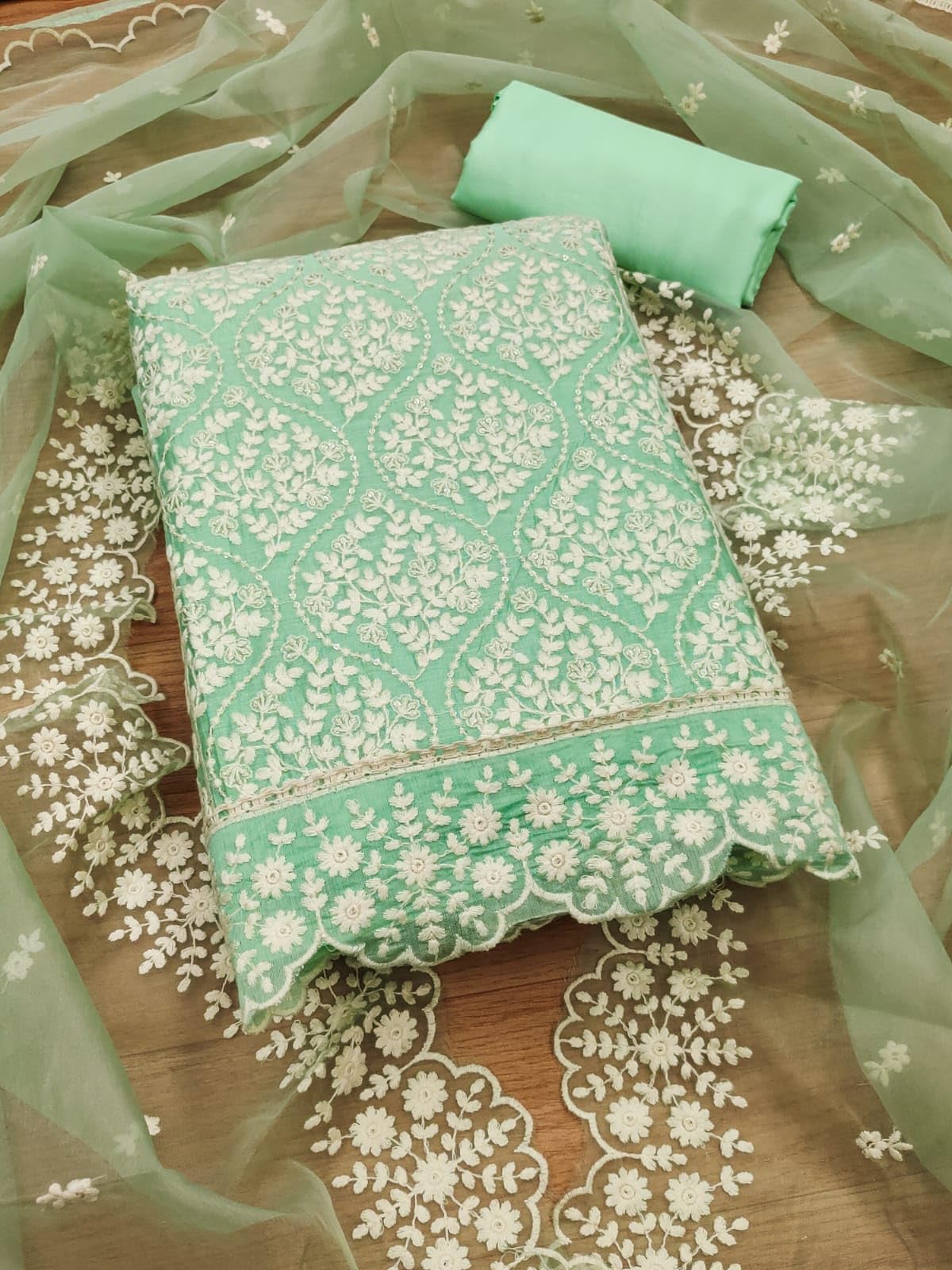 Pandadi Saree Women's Chanderi with Embroidery Work Dress Material (Mint Green)