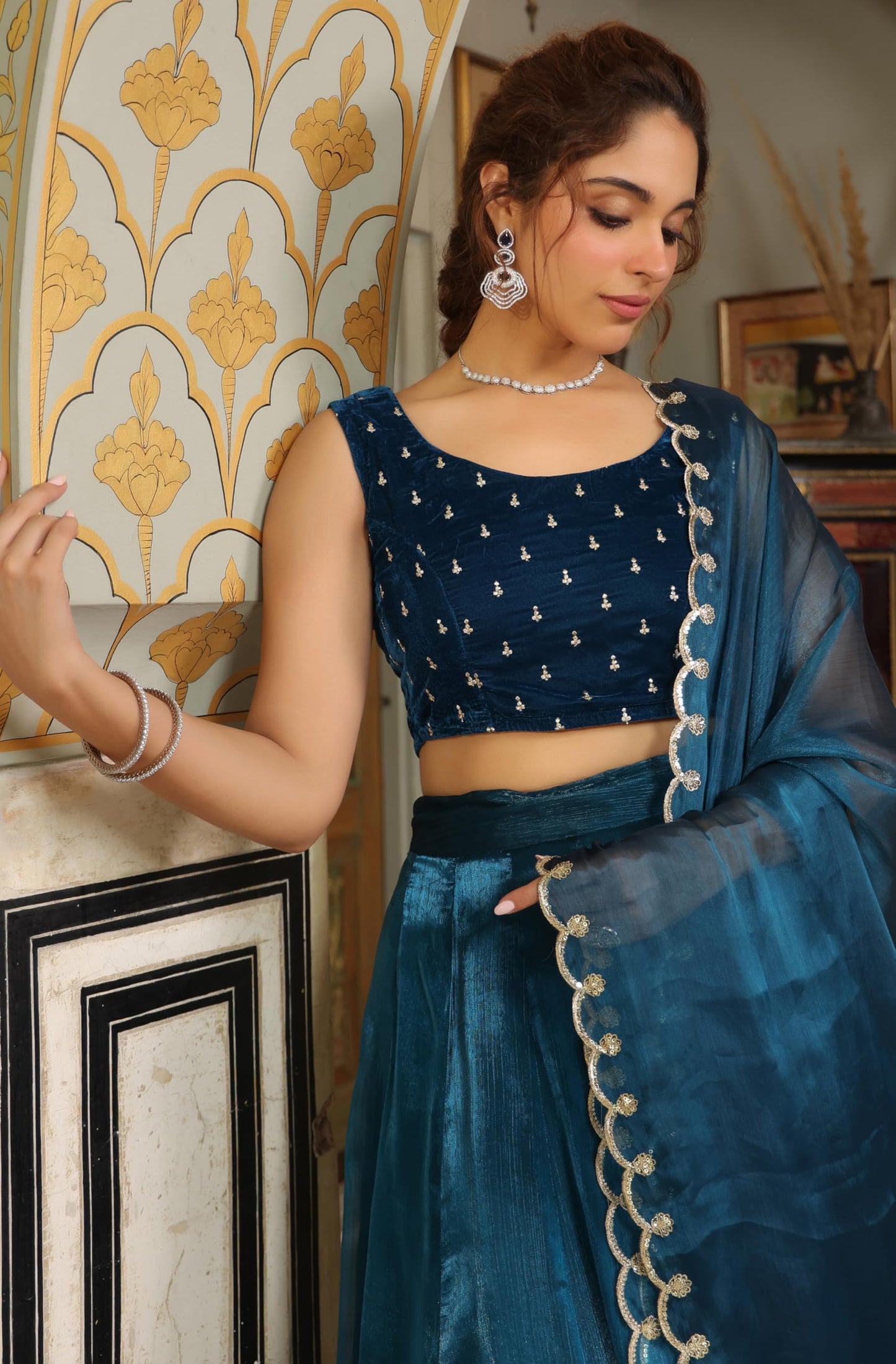 Janasya Women's Teal Blue Organza Zari Embroidered Pleated Ready To Wear Readymade Lehenga Choli Set (JAB24LC00469-XL)