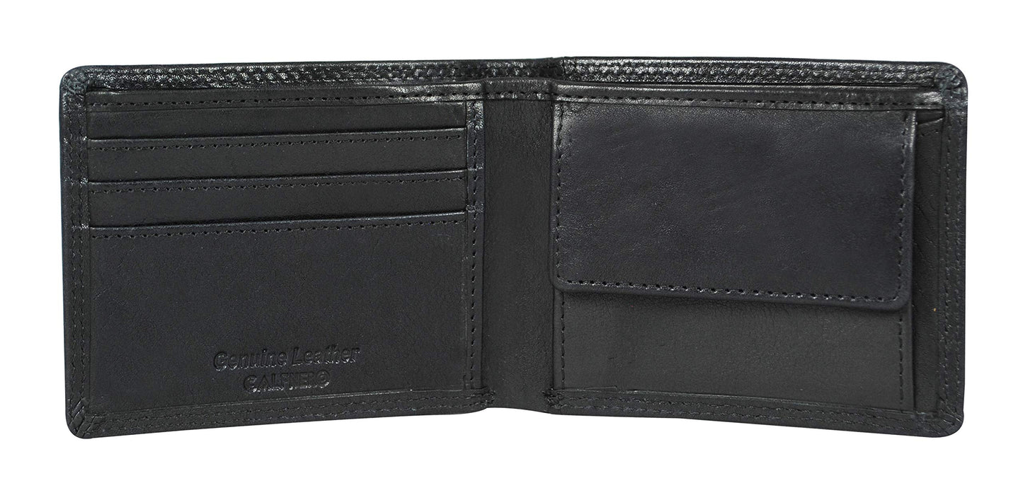 Calfnero Men's Genuine Leather Wallet with Multiple Card Slots and ID Window- Leather Wallet (Black) (Black)