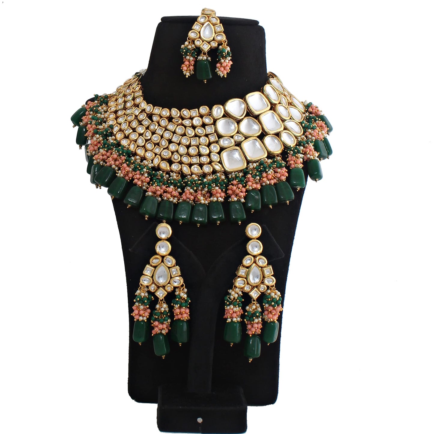 Lucky Jewellery 18K Gold Plated Multicolor Kundan Stone/Uncut Kundan/Dibbi Kundan/Meena Kundan/Lucknow Kundan with Tumble Drop Bridal Set for Girls & Women (8656-M4SK-1568-WPHG)