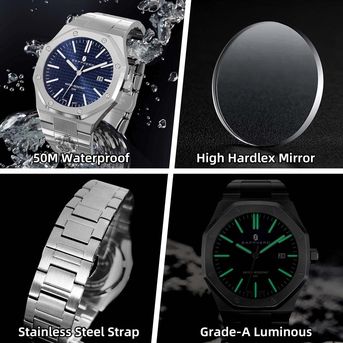 Sapphero Mens Watches Quartz Movement Chronograph Leather Strap Fashion Business Sport Design 30M Waterproof Scratch Resistant Elegant Gifts for Men