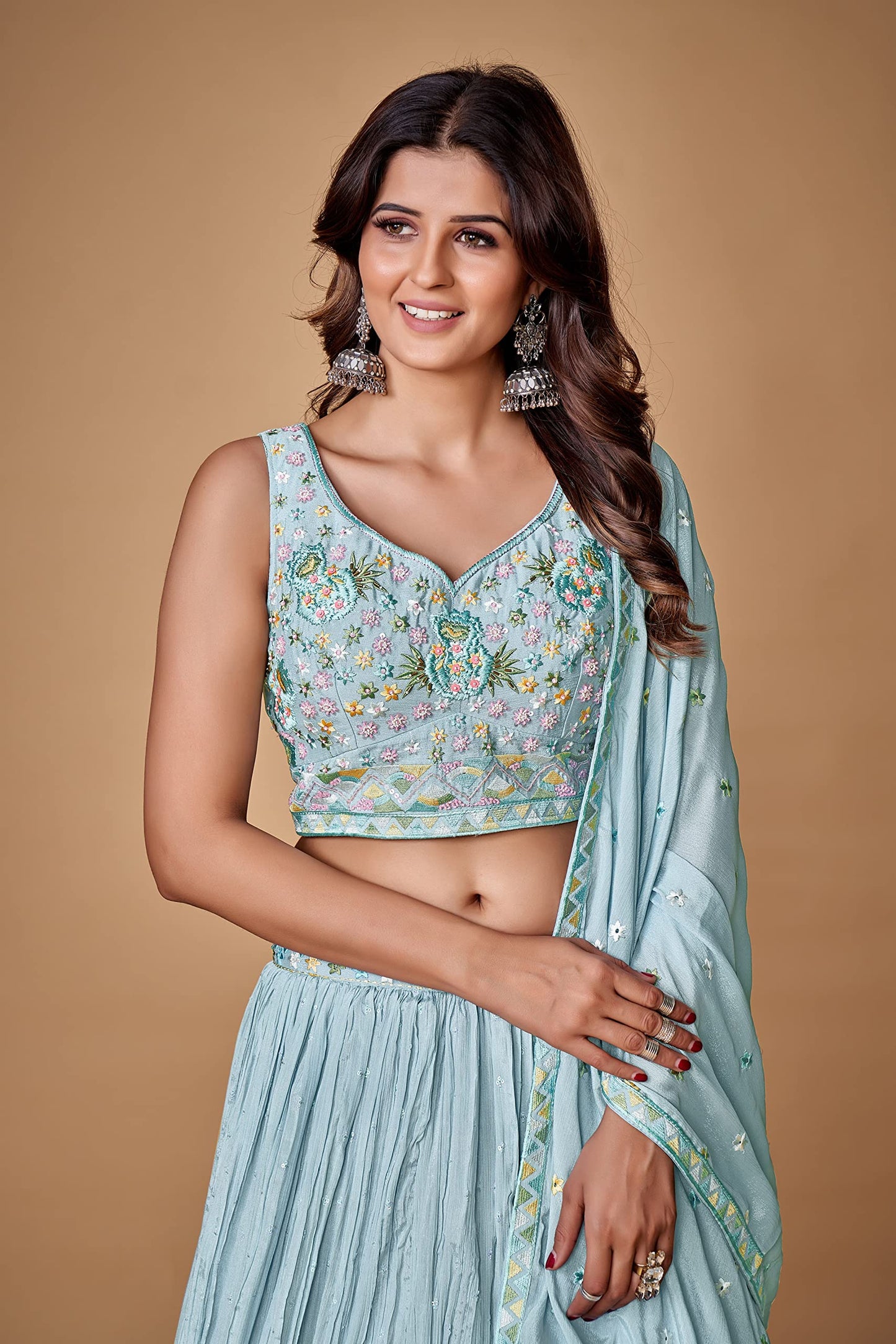 FUSIONIC Sequins With Pearl Powder Blue Ruffle Lehenga