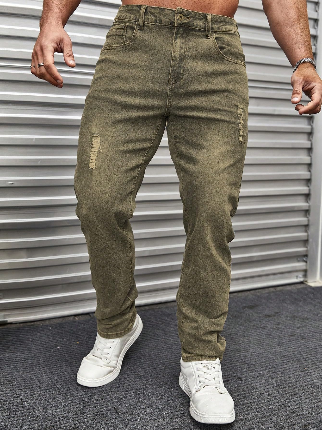 URBAN POCKETS Jeans for Men | Distressed Denim Pants with Slim Tapered Fit & Washed Look (Comfort-Tarry-Green-U06-32)